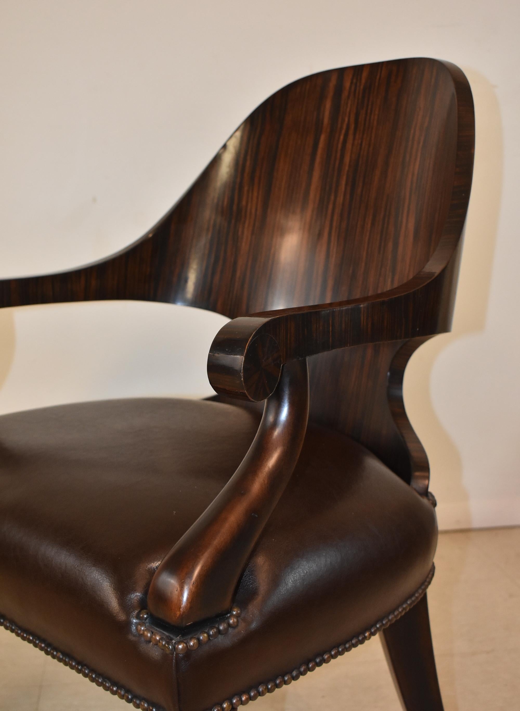Pair Theodore Alexander Rosewood Leather Arm Chairs In Good Condition For Sale In Toledo, OH
