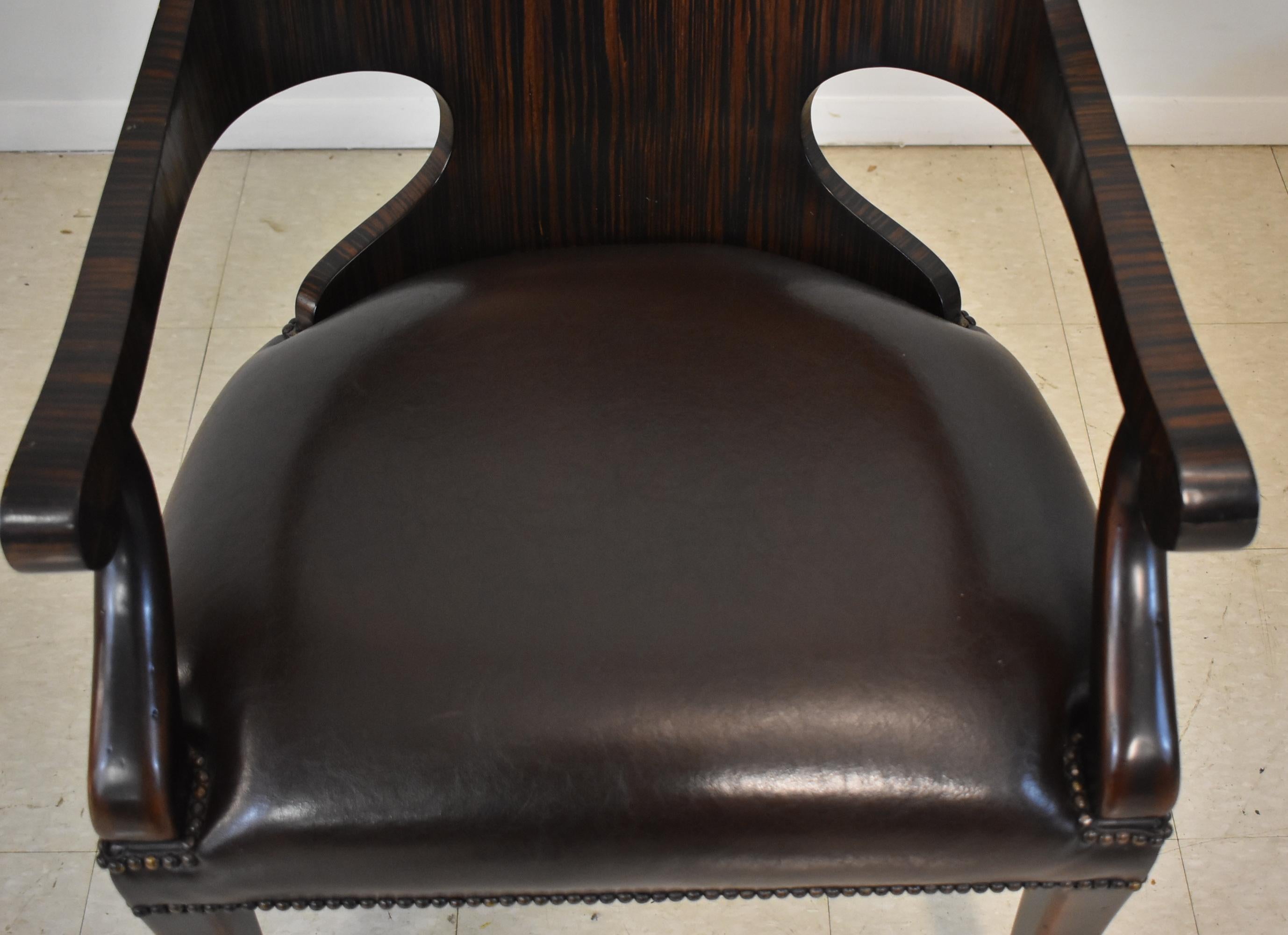 Pair Theodore Alexander Rosewood Leather Arm Chairs For Sale 2