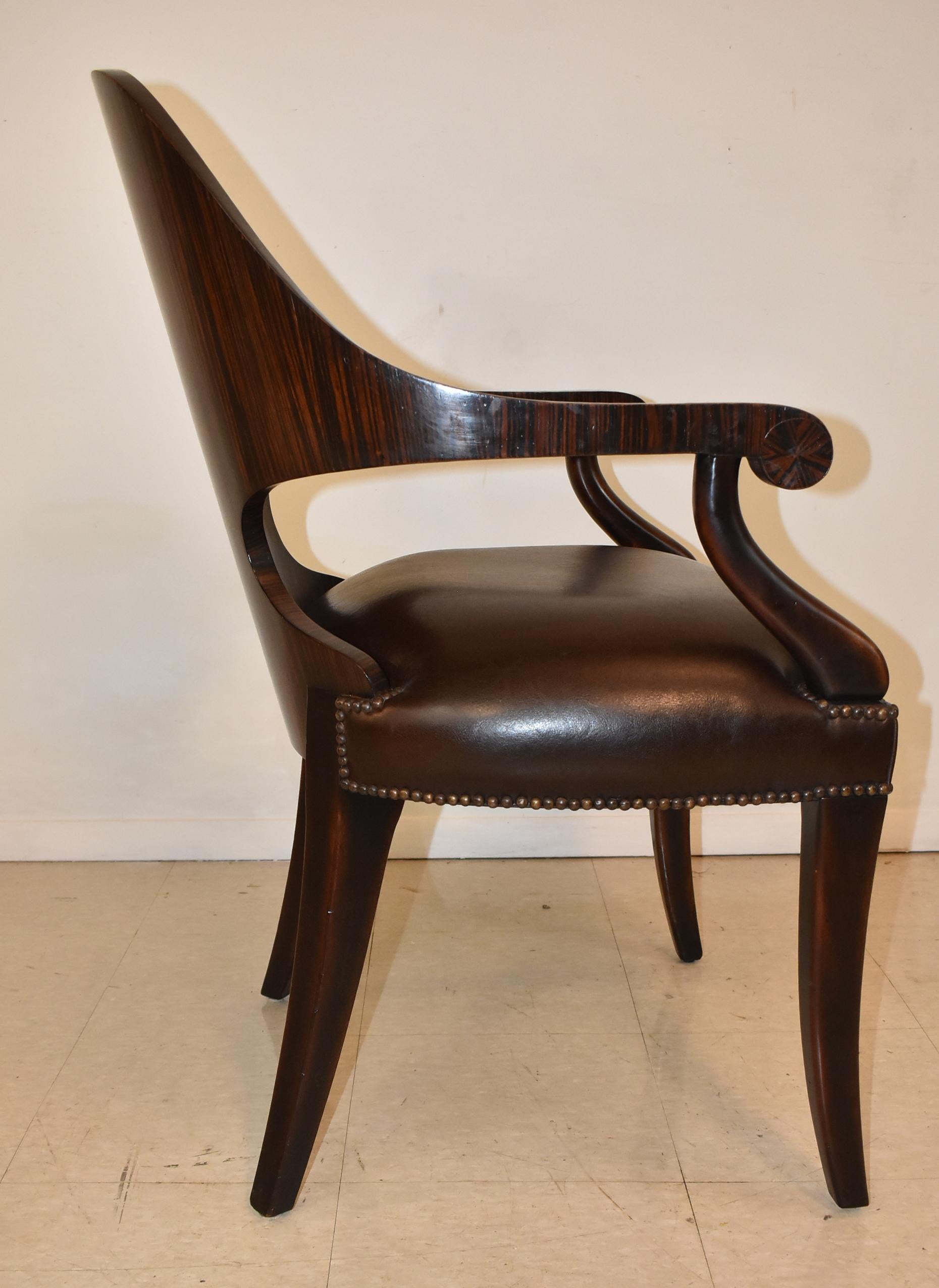 Pair Theodore Alexander Rosewood Leather Arm Chairs For Sale 4