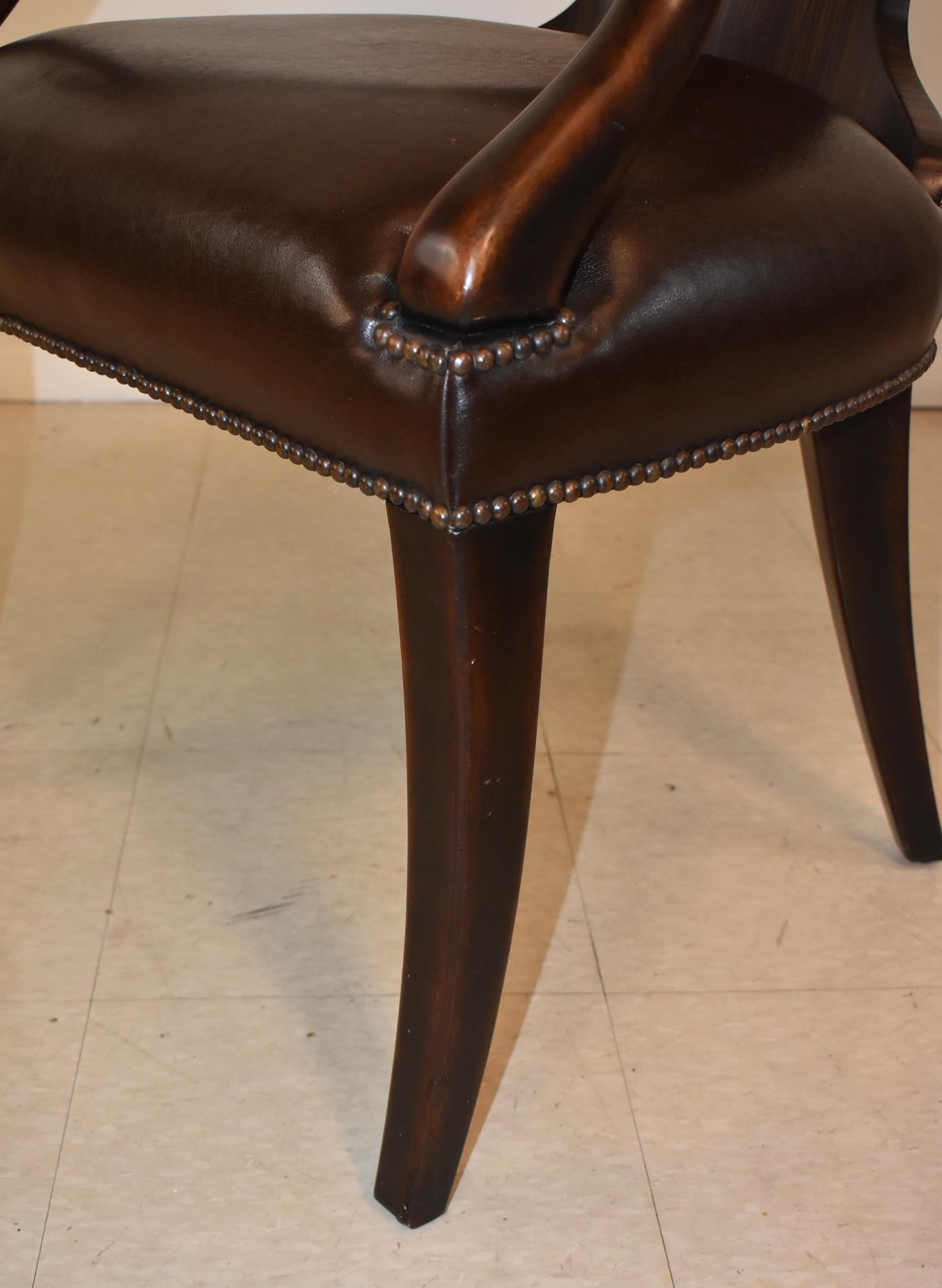 Pair Theodore Alexander Rosewood Leather Arm Chairs For Sale 5