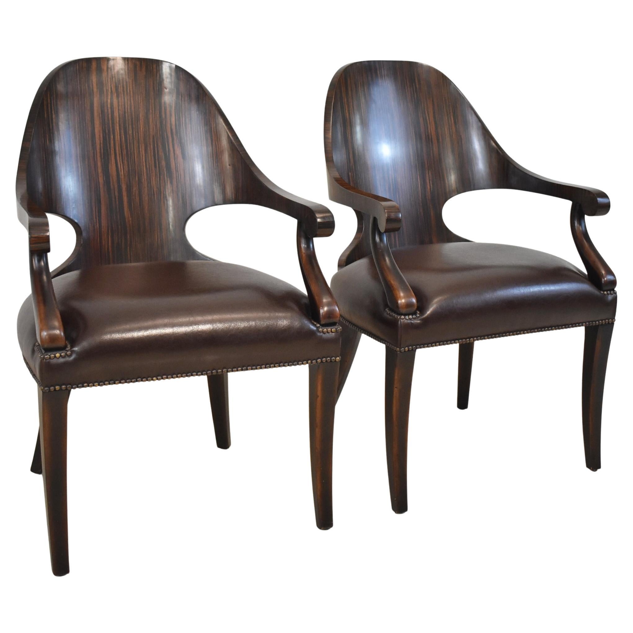 Pair Theodore Alexander Rosewood Leather Arm Chairs For Sale
