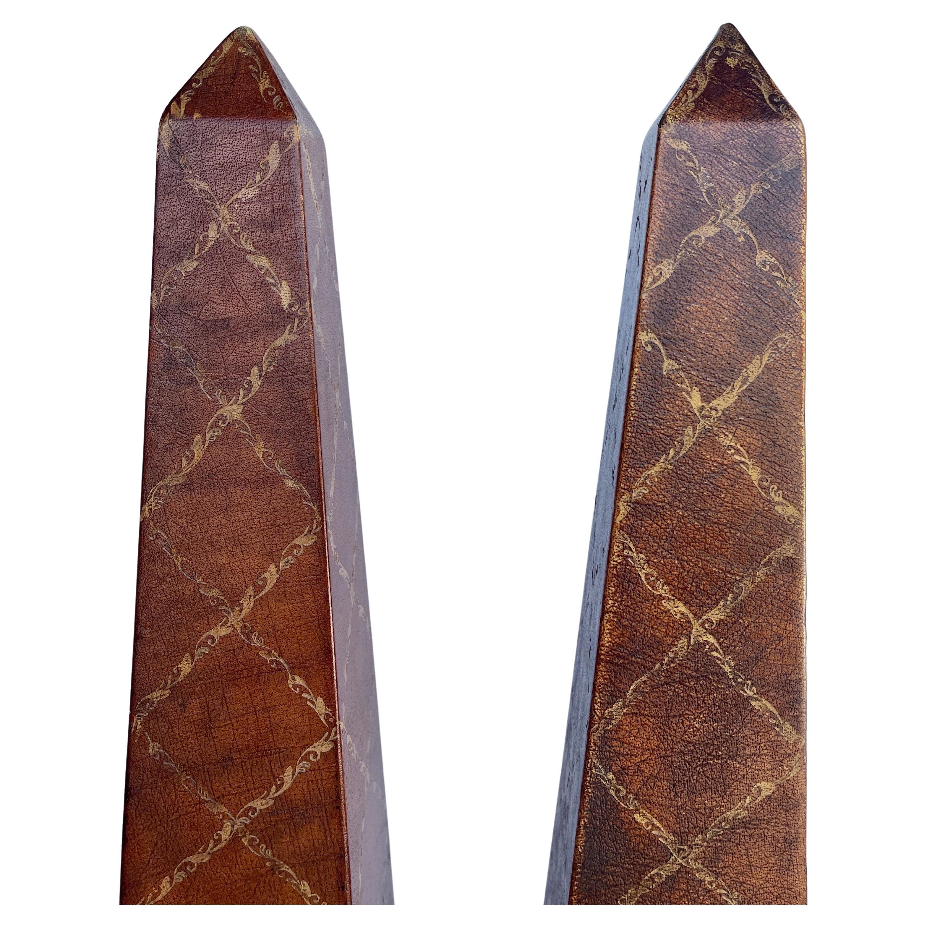 Pair Theodore Alexander Tall Embossed Leather Obelisks by Maitland Smith 4