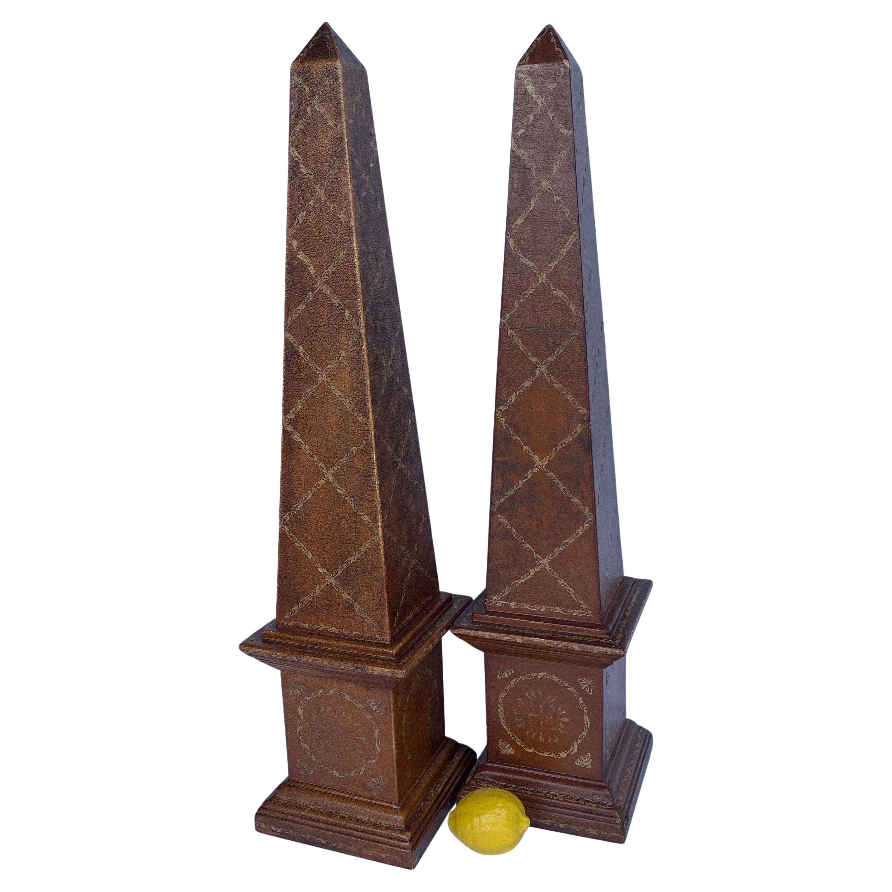 Pair Theodore Alexander Tall Embossed Leather Obelisks by Maitland Smith 8