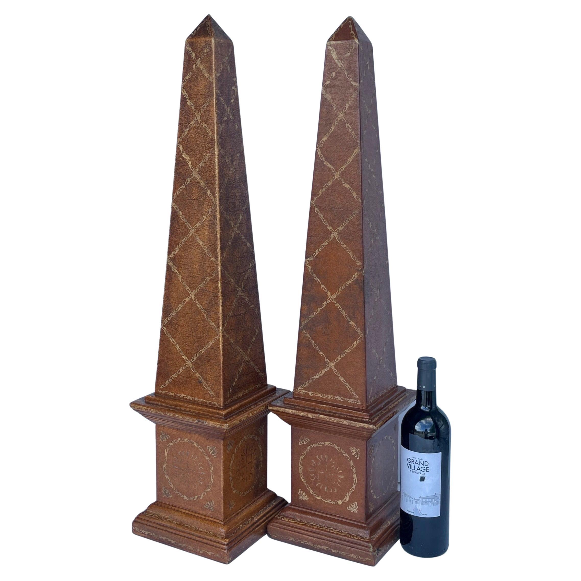 Pair Theodore Alexander Tall Embossed Leather Obelisks by Maitland Smith 10