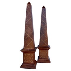 Pair Theodore Alexander Tall Embossed Leather Obelisks by Maitland Smith