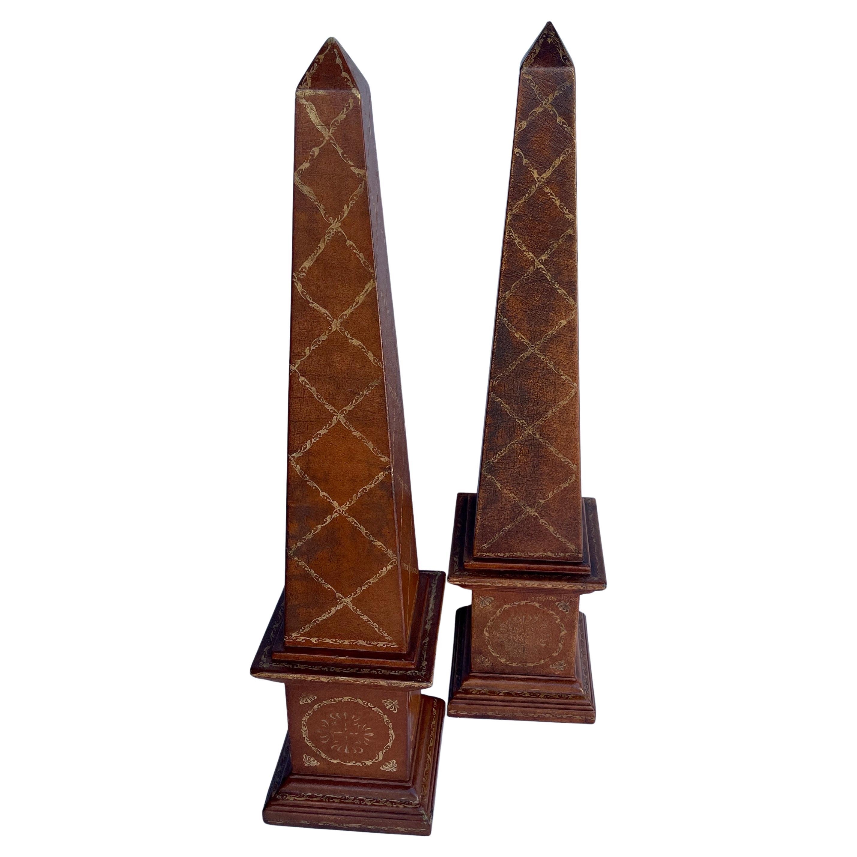 Neoclassical Revival Pair Theodore Alexander Tall Embossed Leather Obelisks by Maitland Smith