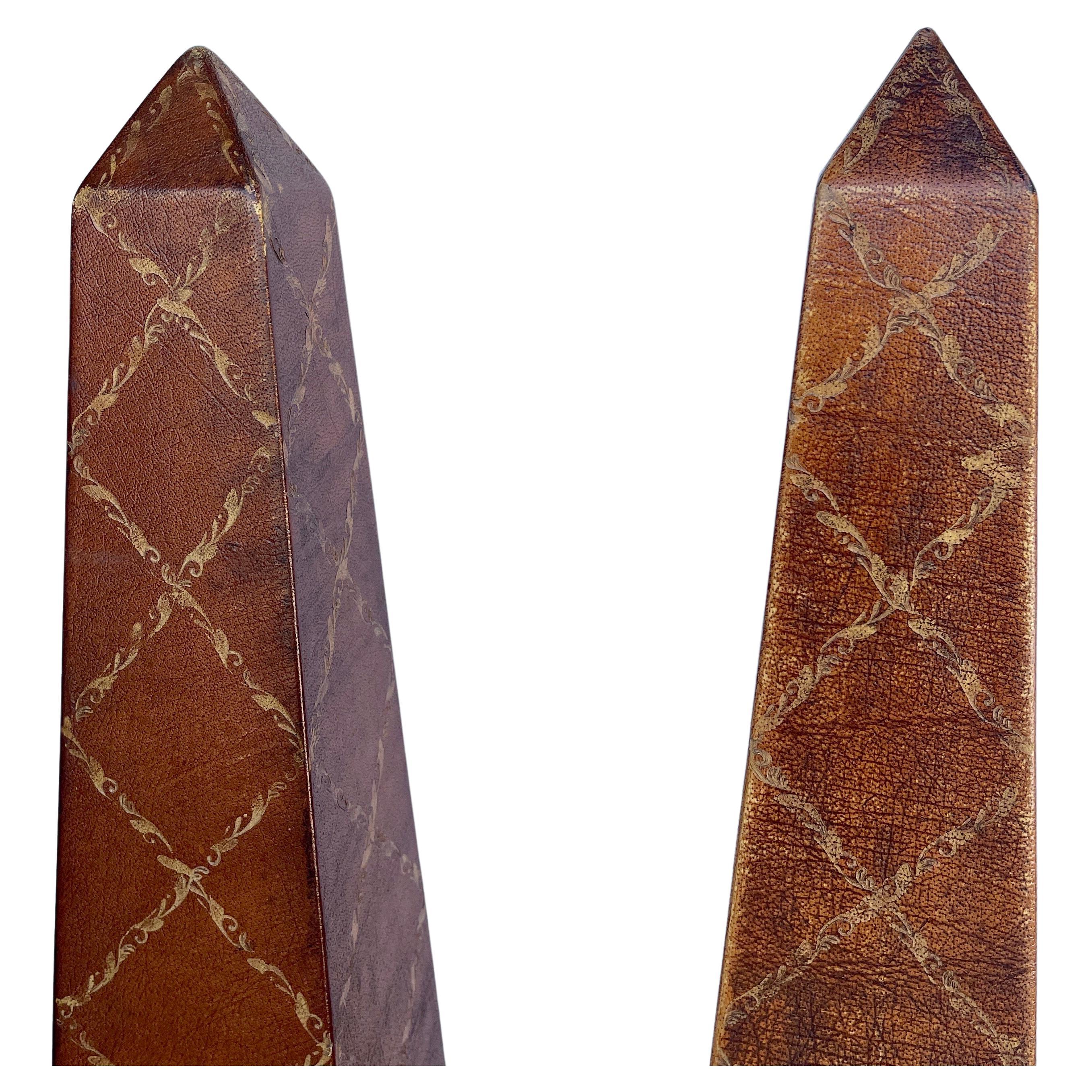 English Pair Theodore Alexander Tall Embossed Leather Obelisks by Maitland Smith