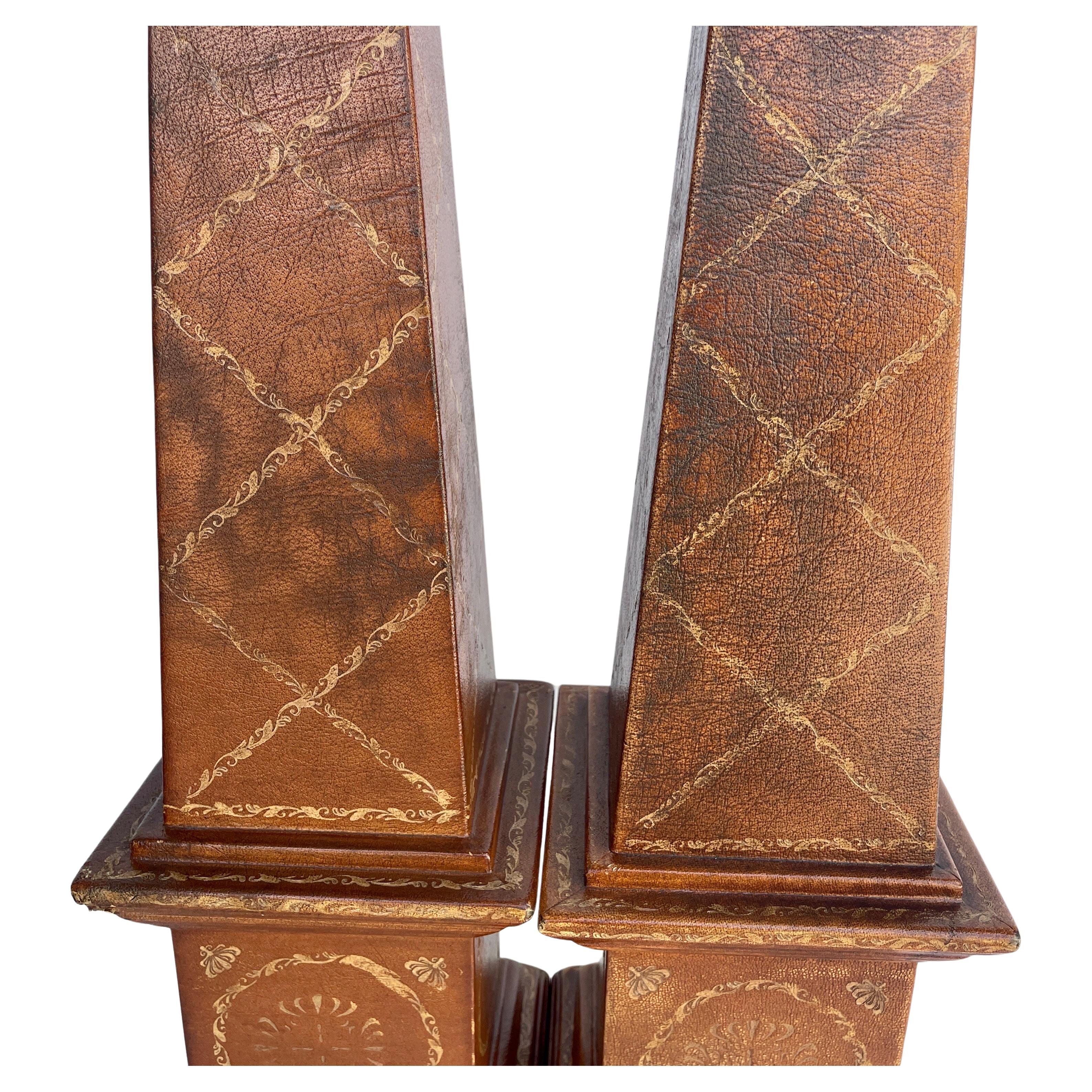 Pair Theodore Alexander Tall Embossed Leather Obelisks by Maitland Smith 3