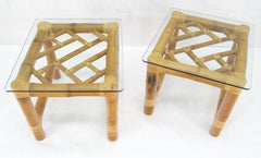 Pair Thick Bamboo Glass Top Rectangle Glass Top End Side Lamp Tables MINT