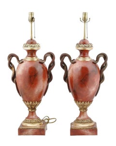 Pair Thomas Blakemore English Faux Rouge Marble Table Lamps with Snake Motif
