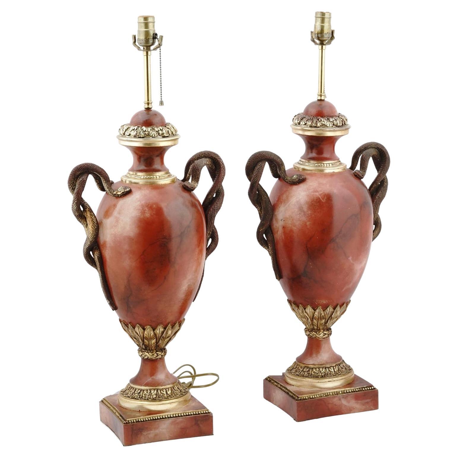 Pair Thomas Blakemore English Faux Rouge Marble Table Lamps with Snake Motif