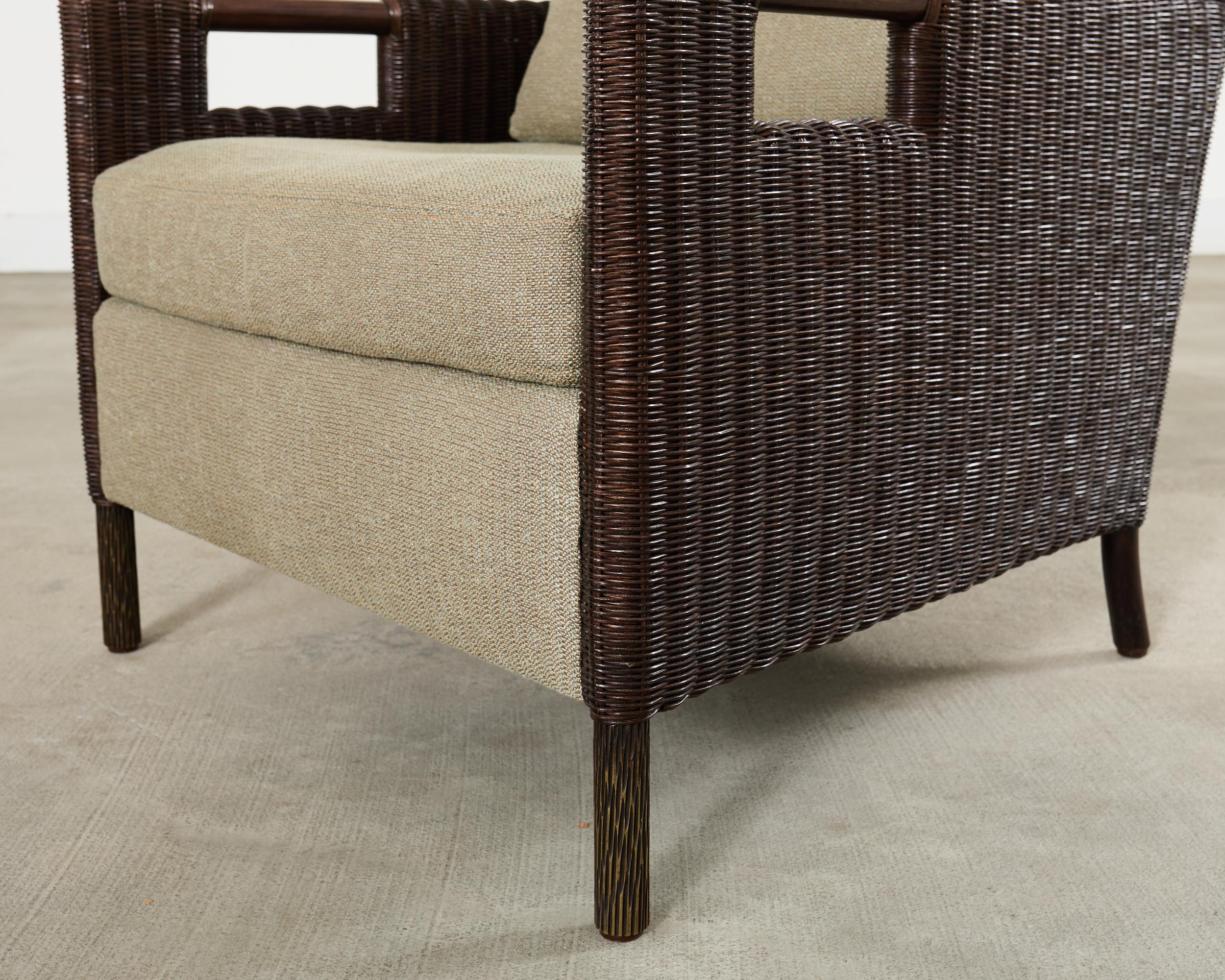 Pair Thomas Pheasant McGuire Rattan Lounge Chairs + Ottoman For Sale 4
