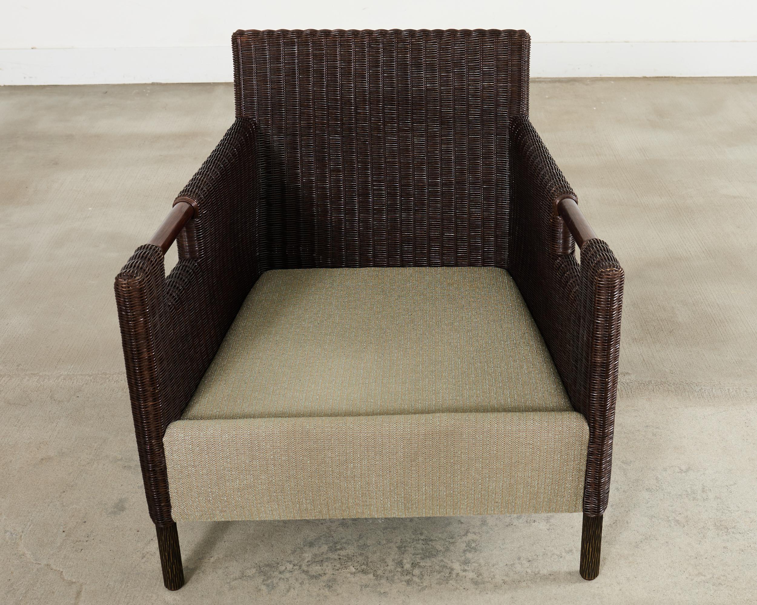Pair Thomas Pheasant McGuire Rattan Lounge Chairs + Ottoman For Sale 9