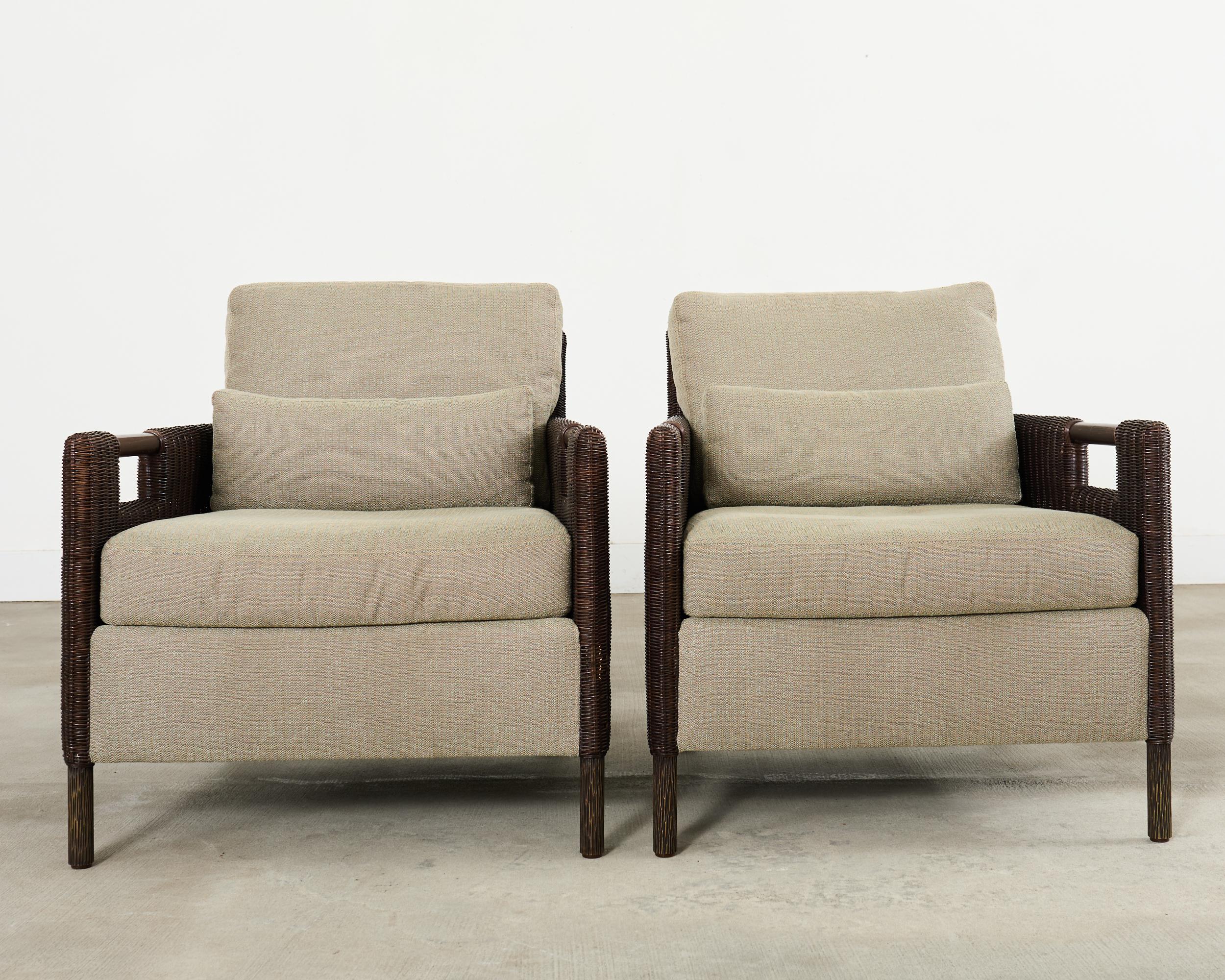 Organic Modern Pair Thomas Pheasant McGuire Rattan Lounge Chairs + Ottoman For Sale