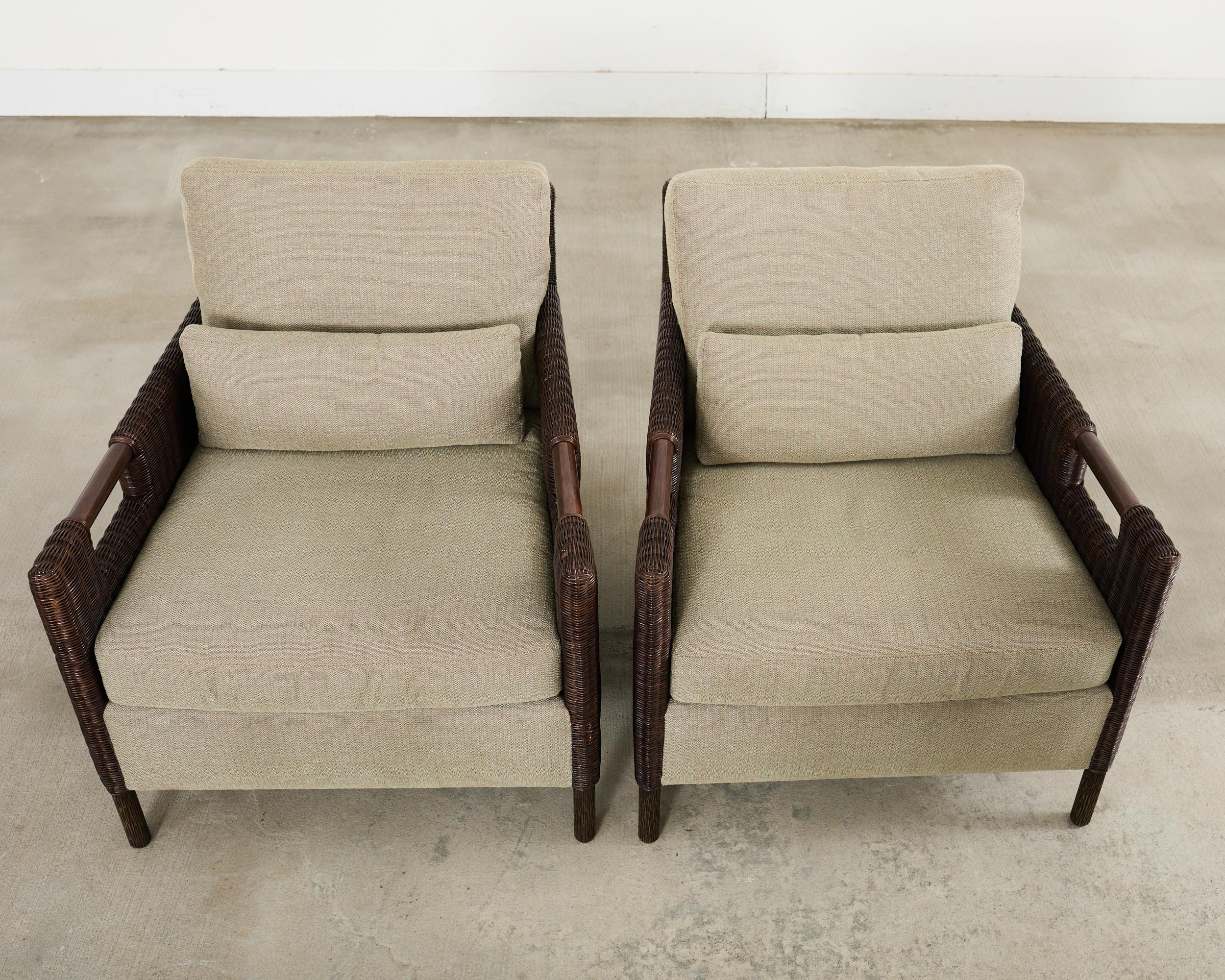 American Pair Thomas Pheasant McGuire Rattan Lounge Chairs + Ottoman For Sale