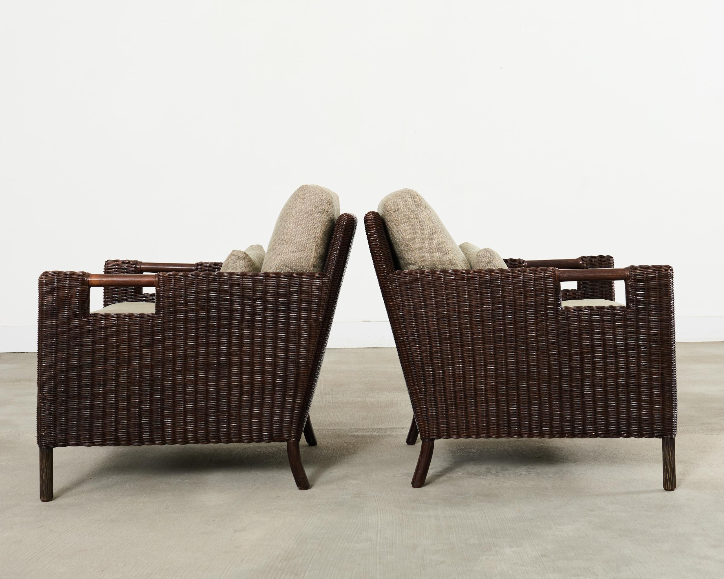 Pair Thomas Pheasant McGuire Rattan Lounge Chairs + Ottoman In Good Condition For Sale In Rio Vista, CA