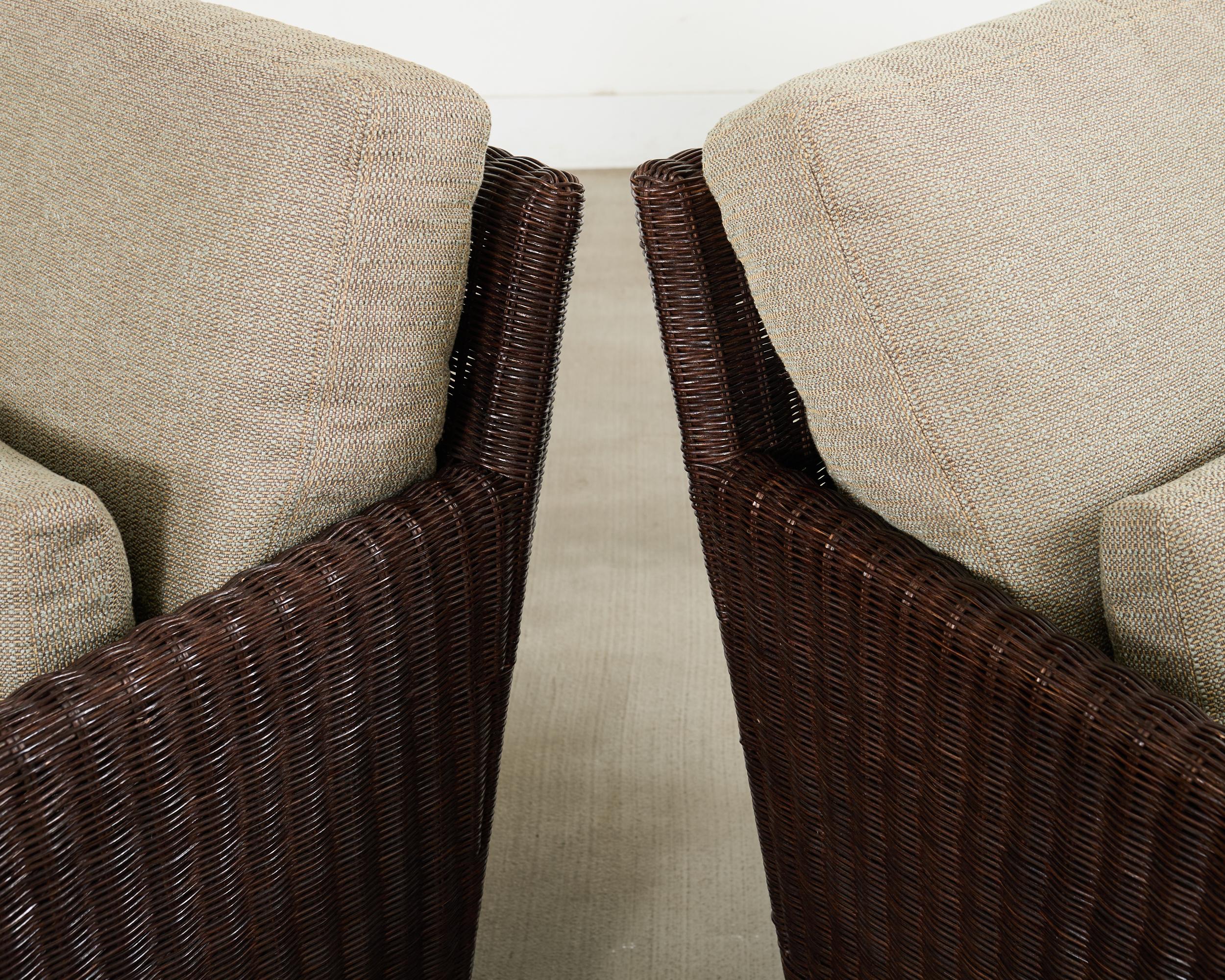 20th Century Pair Thomas Pheasant McGuire Rattan Lounge Chairs + Ottoman For Sale