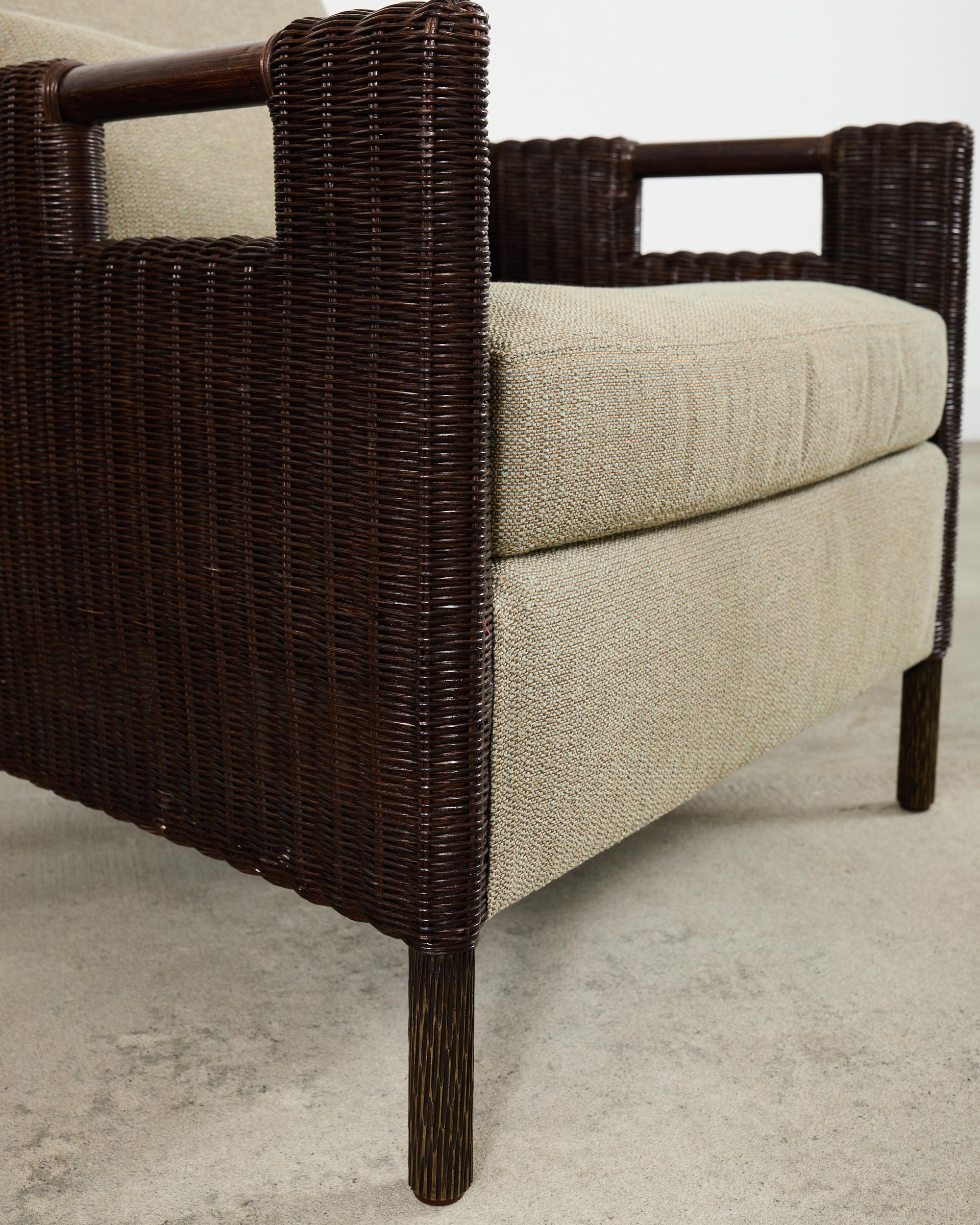 Bronze Pair Thomas Pheasant McGuire Rattan Lounge Chairs + Ottoman For Sale
