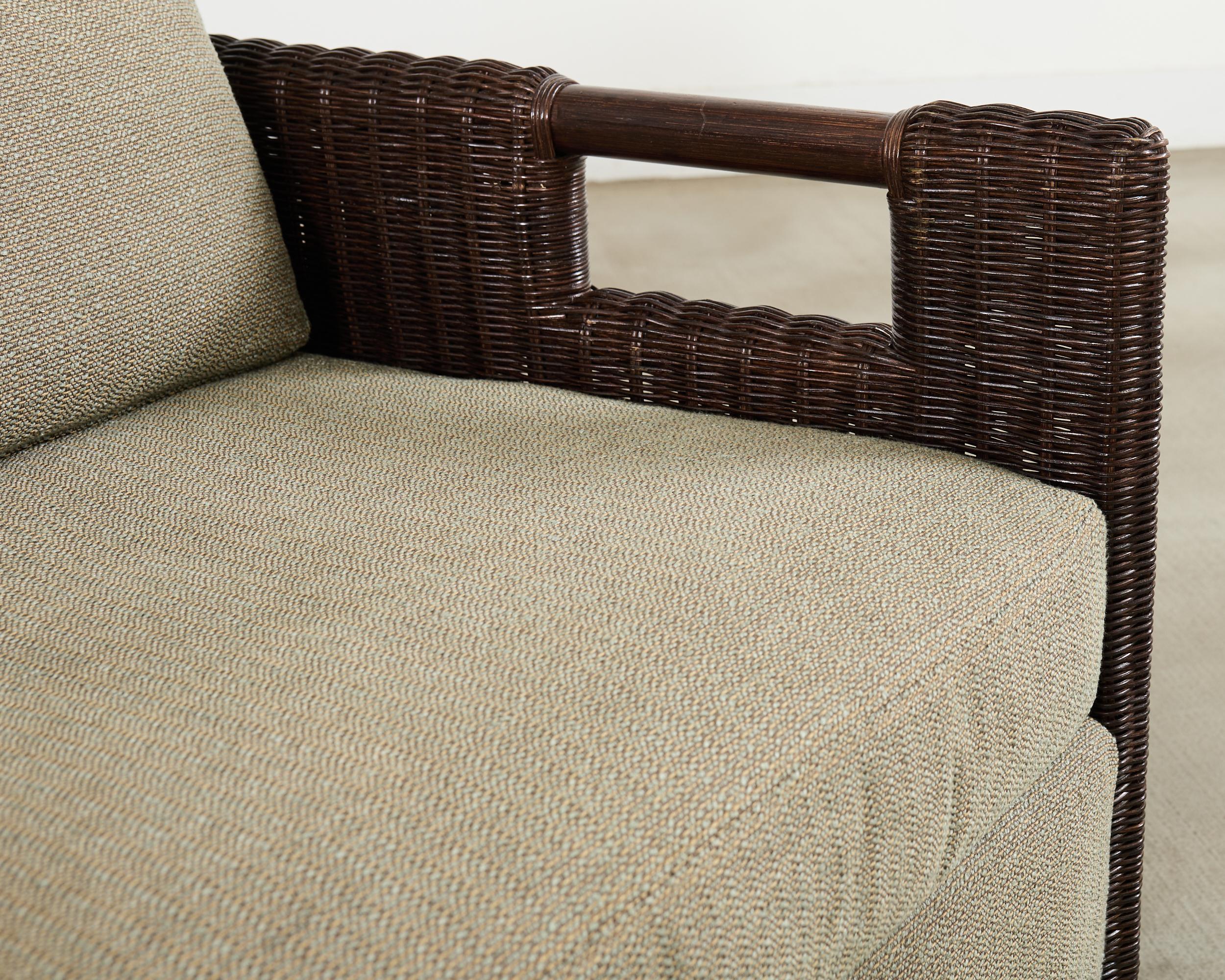 Pair Thomas Pheasant McGuire Rattan Lounge Chairs + Ottoman For Sale 1
