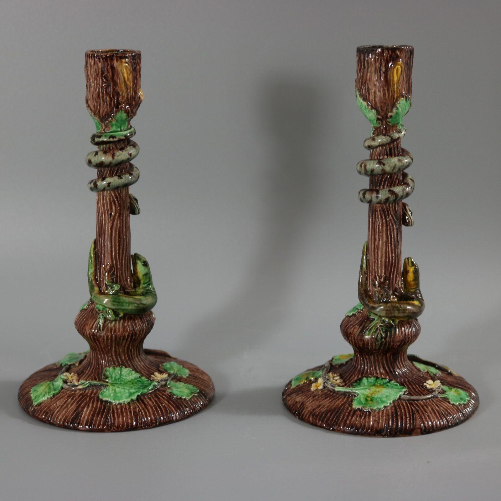 Paar Thomas Sergent Palissy Majolika-Kerzenständer aus Majolika (Viktorianisch) im Angebot