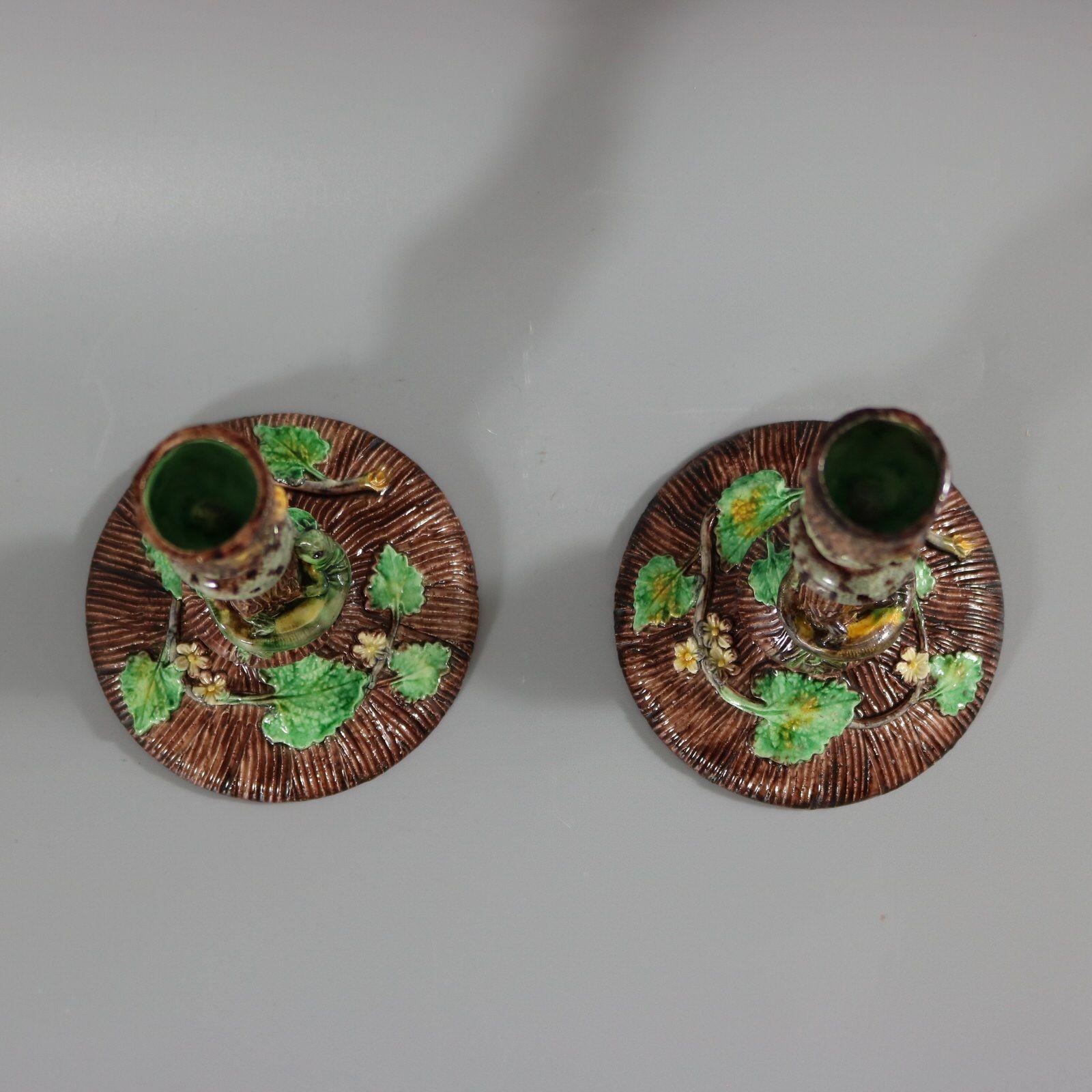 Pair Thomas Sergent Palissy Majolica Candlesticks In Good Condition For Sale In Chelmsford, Essex