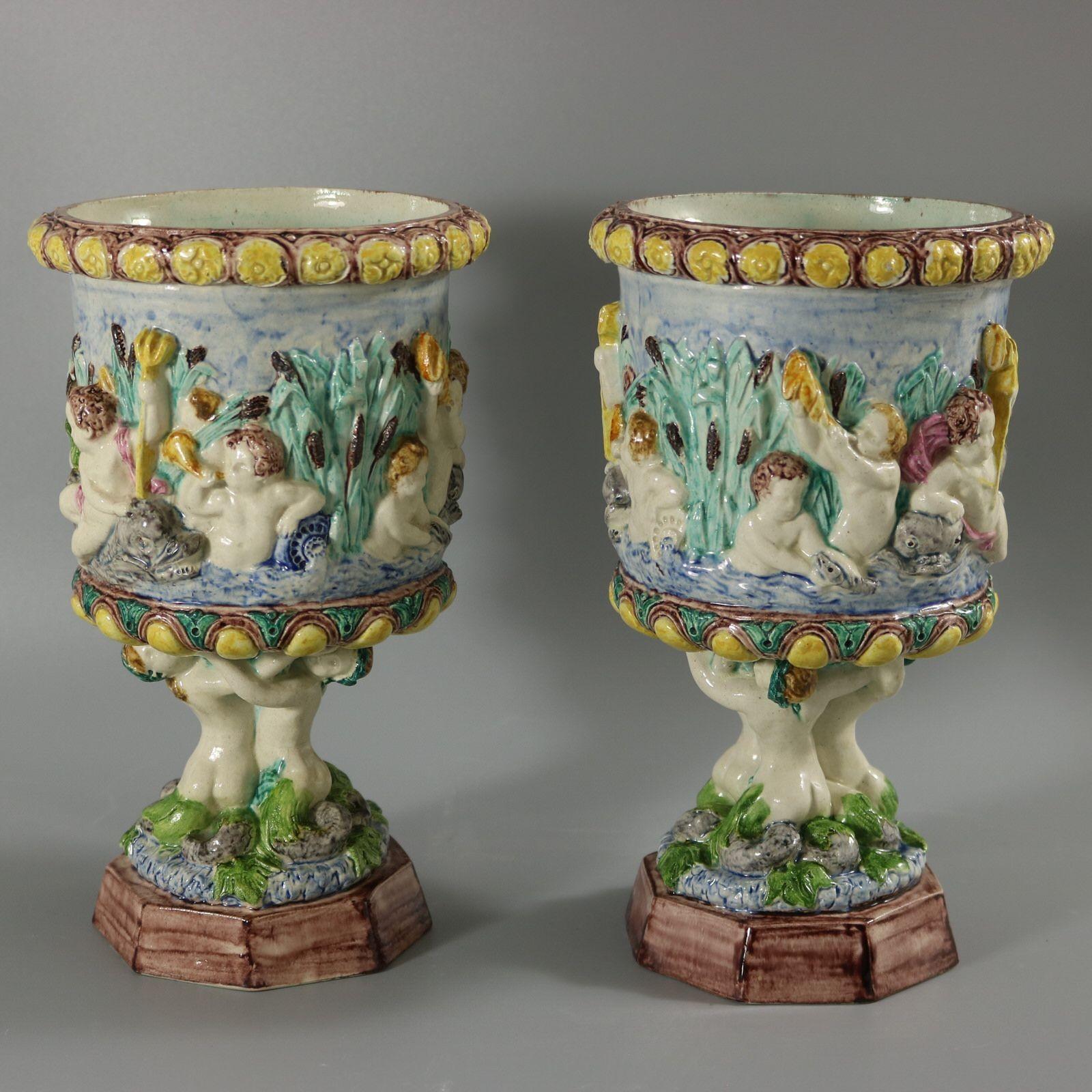 Pair Thomas Sergent Palissy Majolica Mythological Vases In Good Condition For Sale In Chelmsford, Essex