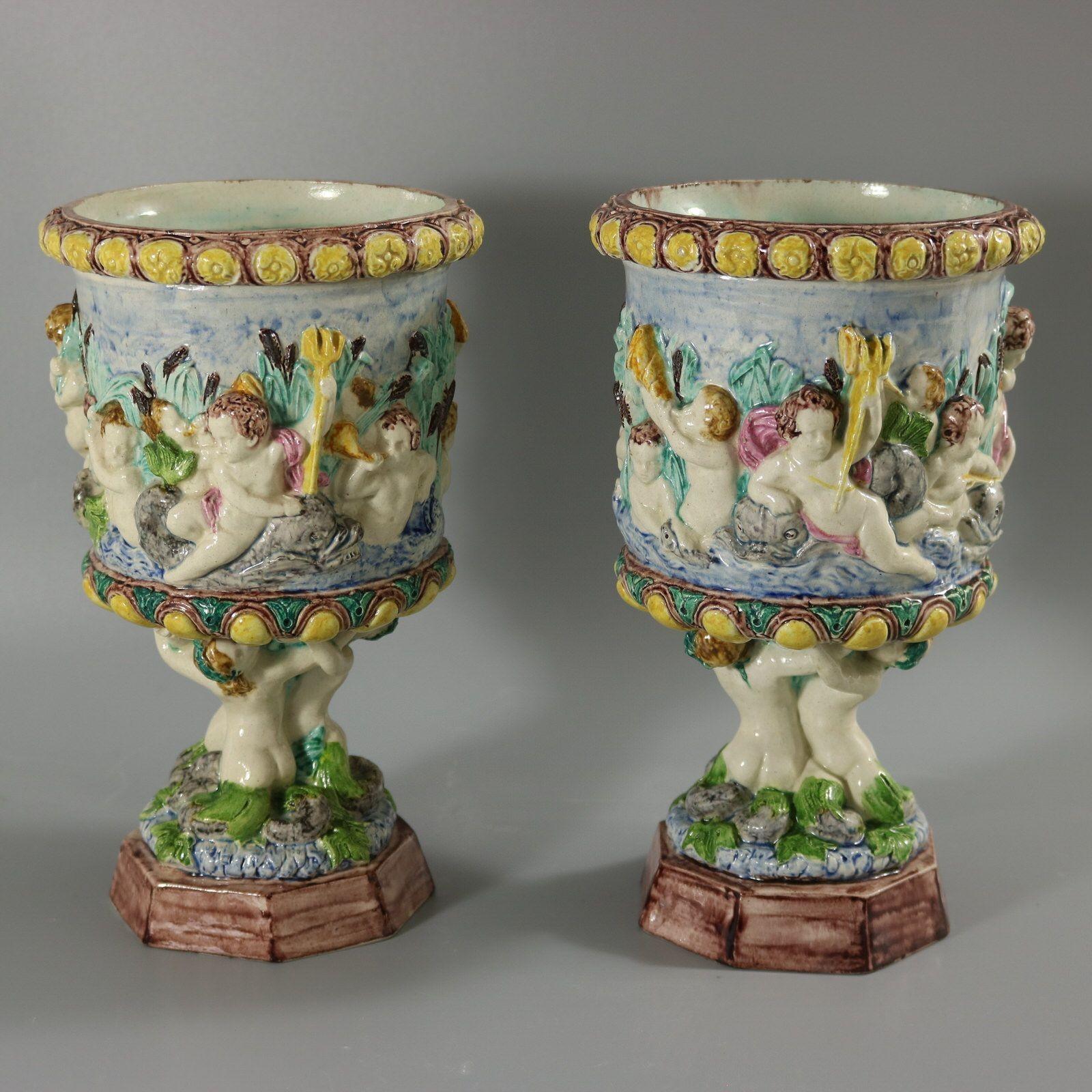 Late 19th Century Pair Thomas Sergent Palissy Majolica Mythological Vases For Sale