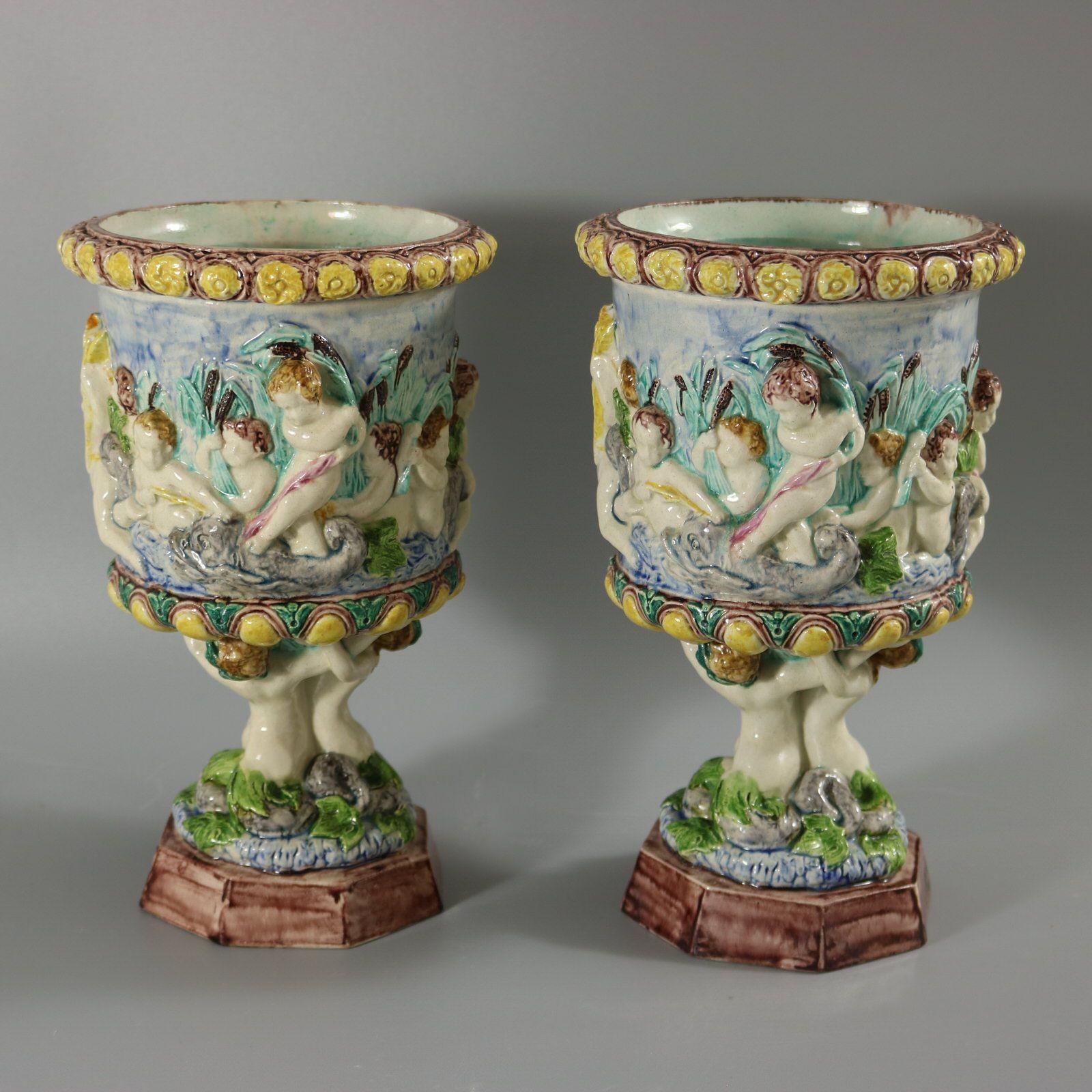 Pair Thomas Sergent Palissy Majolica Mythological Vases For Sale 2