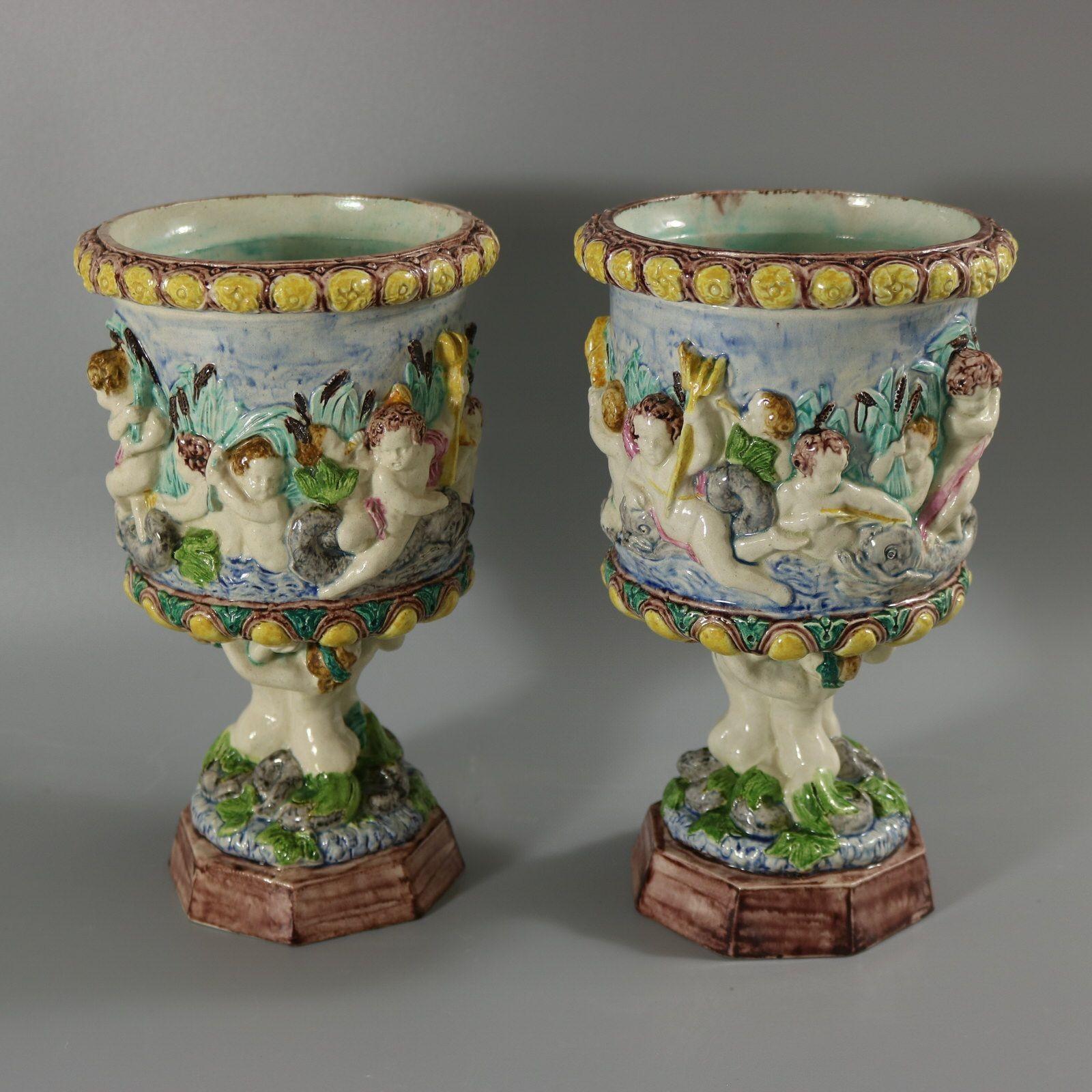 Pair Thomas Sergent Palissy Majolica Mythological Vases For Sale 3