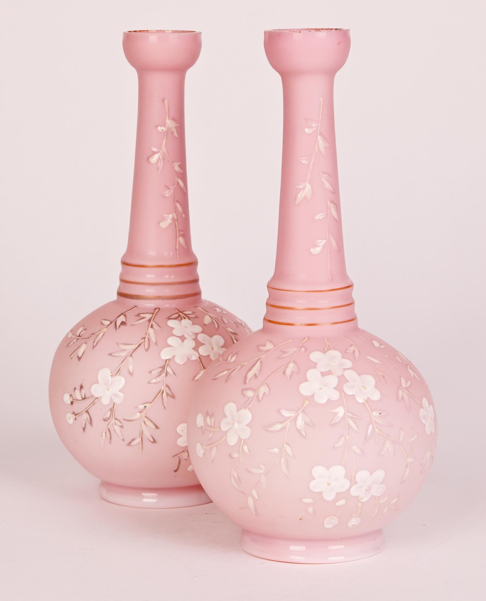 Pair Thomas Webb Pink Satin Floral Decorated Glass Vases 2