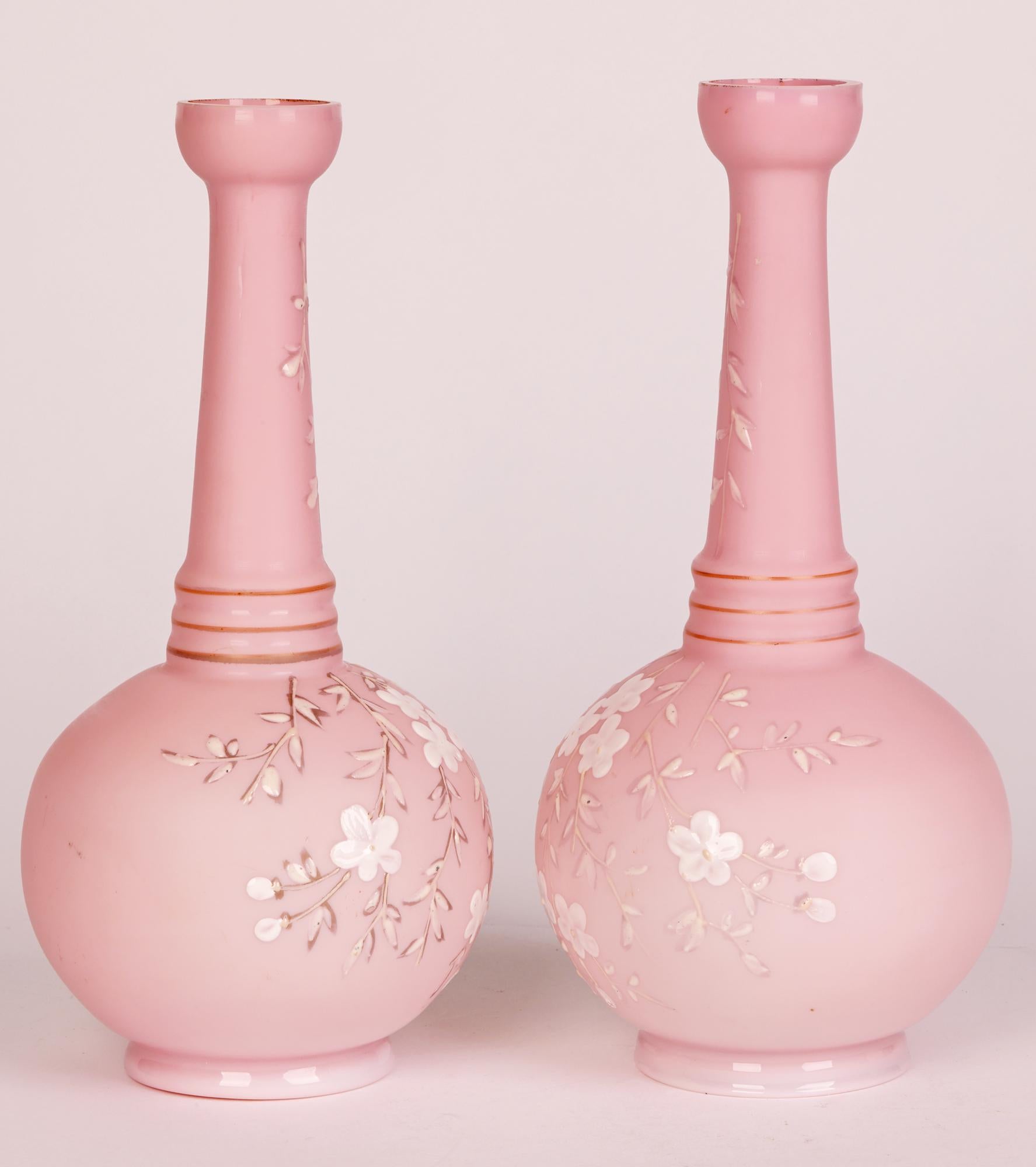 Pair Thomas Webb Pink Satin Floral Decorated Glass Vases 6