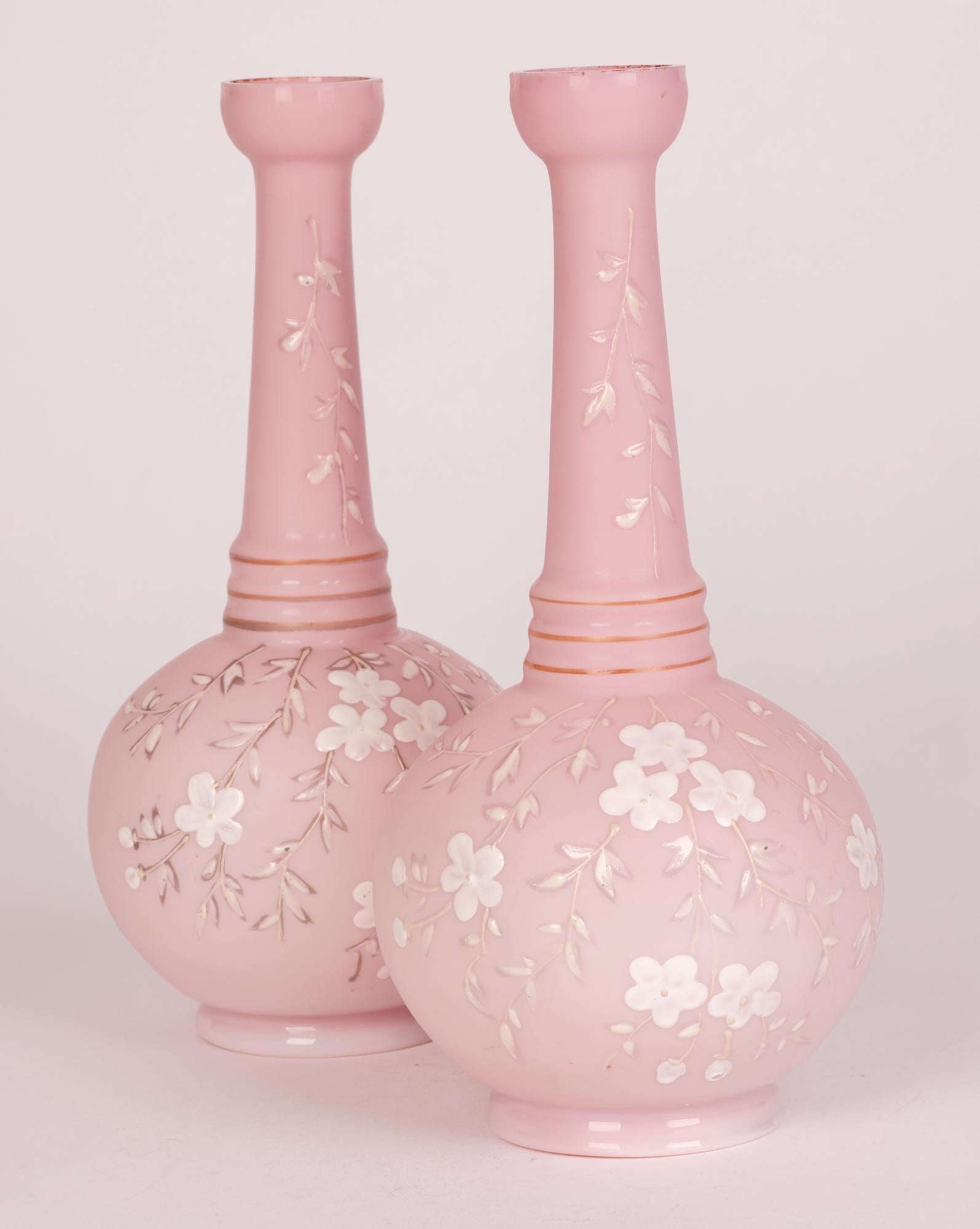 Pair Thomas Webb Pink Satin Floral Decorated Glass Vases 8