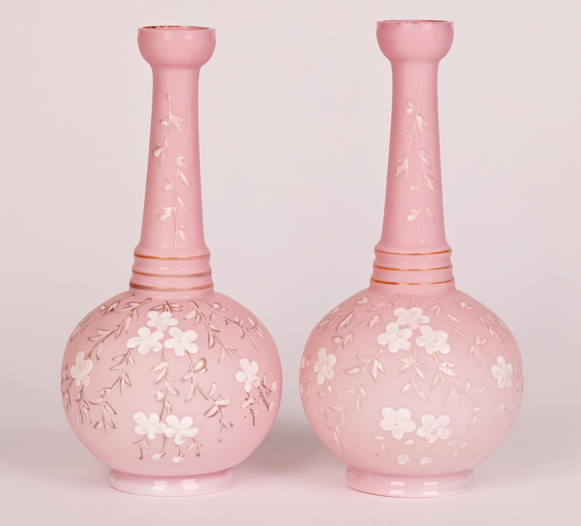 Pair Thomas Webb Pink Satin Floral Decorated Glass Vases 10