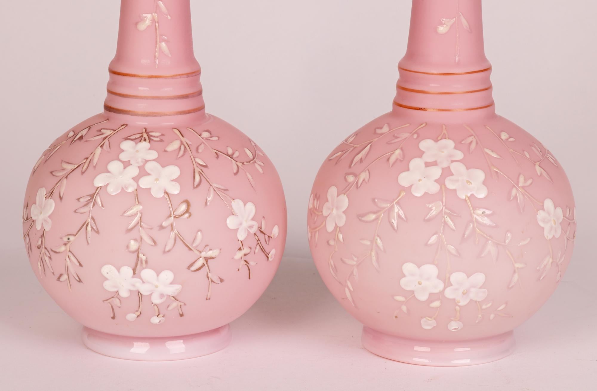 Aesthetic Movement Pair Thomas Webb Pink Satin Floral Decorated Glass Vases