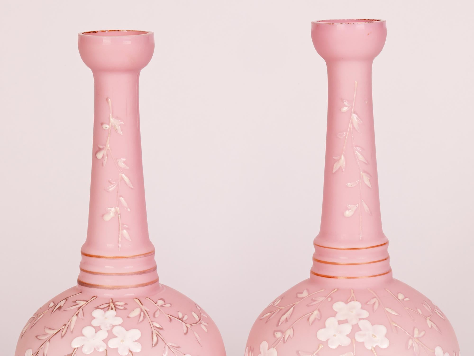 English Pair Thomas Webb Pink Satin Floral Decorated Glass Vases