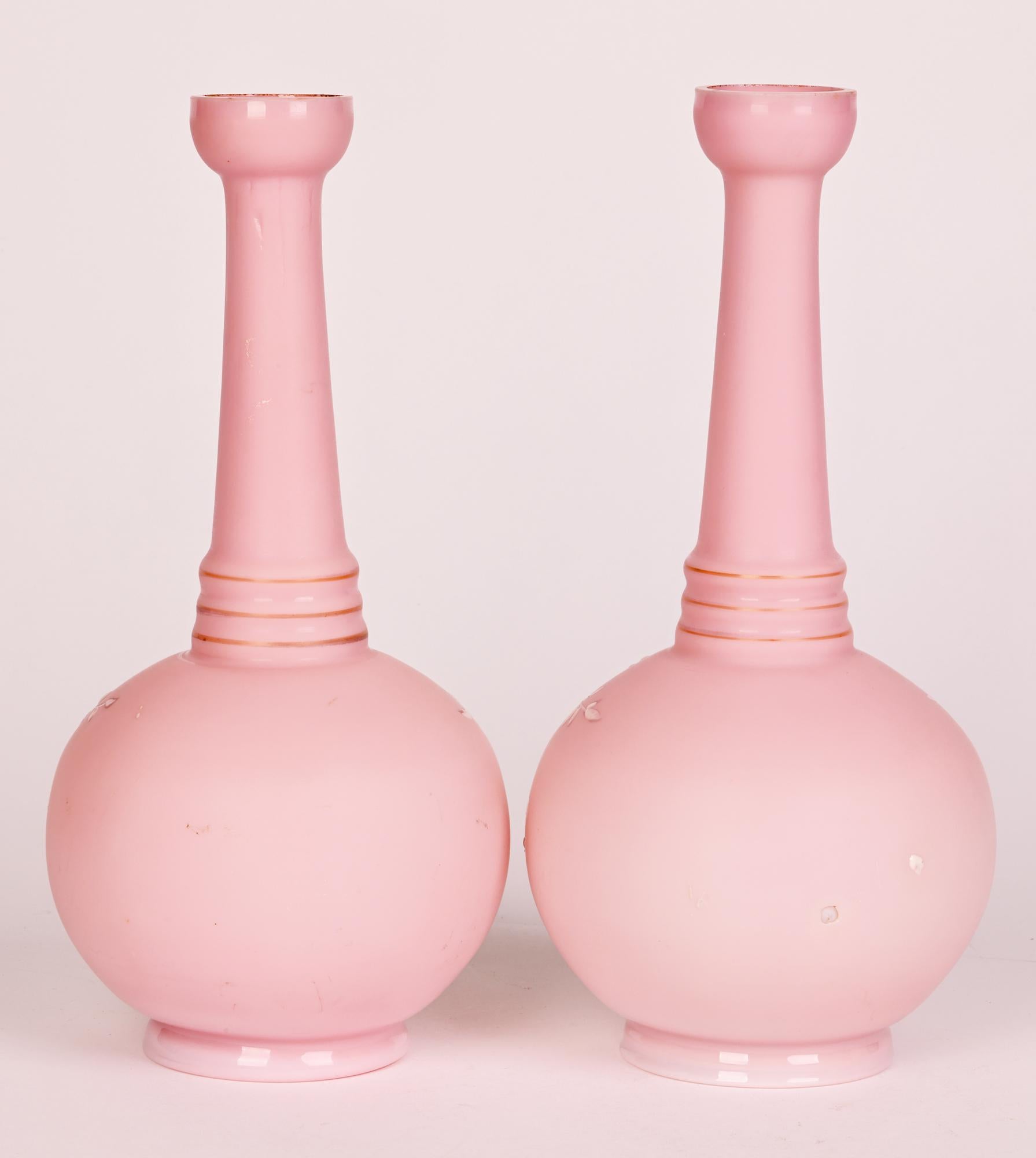 Late 19th Century Pair Thomas Webb Pink Satin Floral Decorated Glass Vases