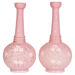 Pair Thomas Webb Pink Satin Floral Decorated Glass Vases