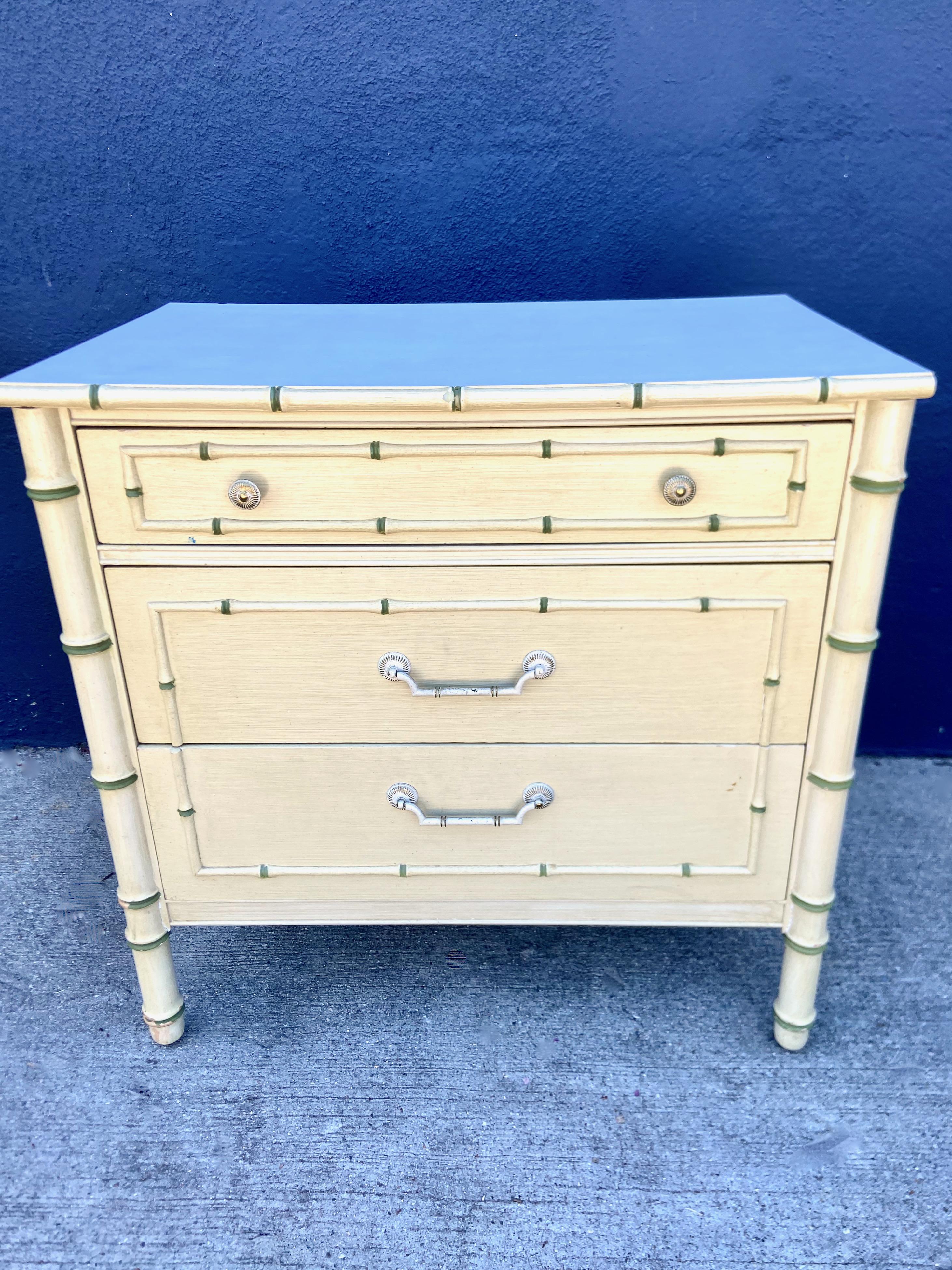 This a classic pair of 1960's Faux Bamboo Small Chest or Bedside Chests created by Thomasville Furniture in the 