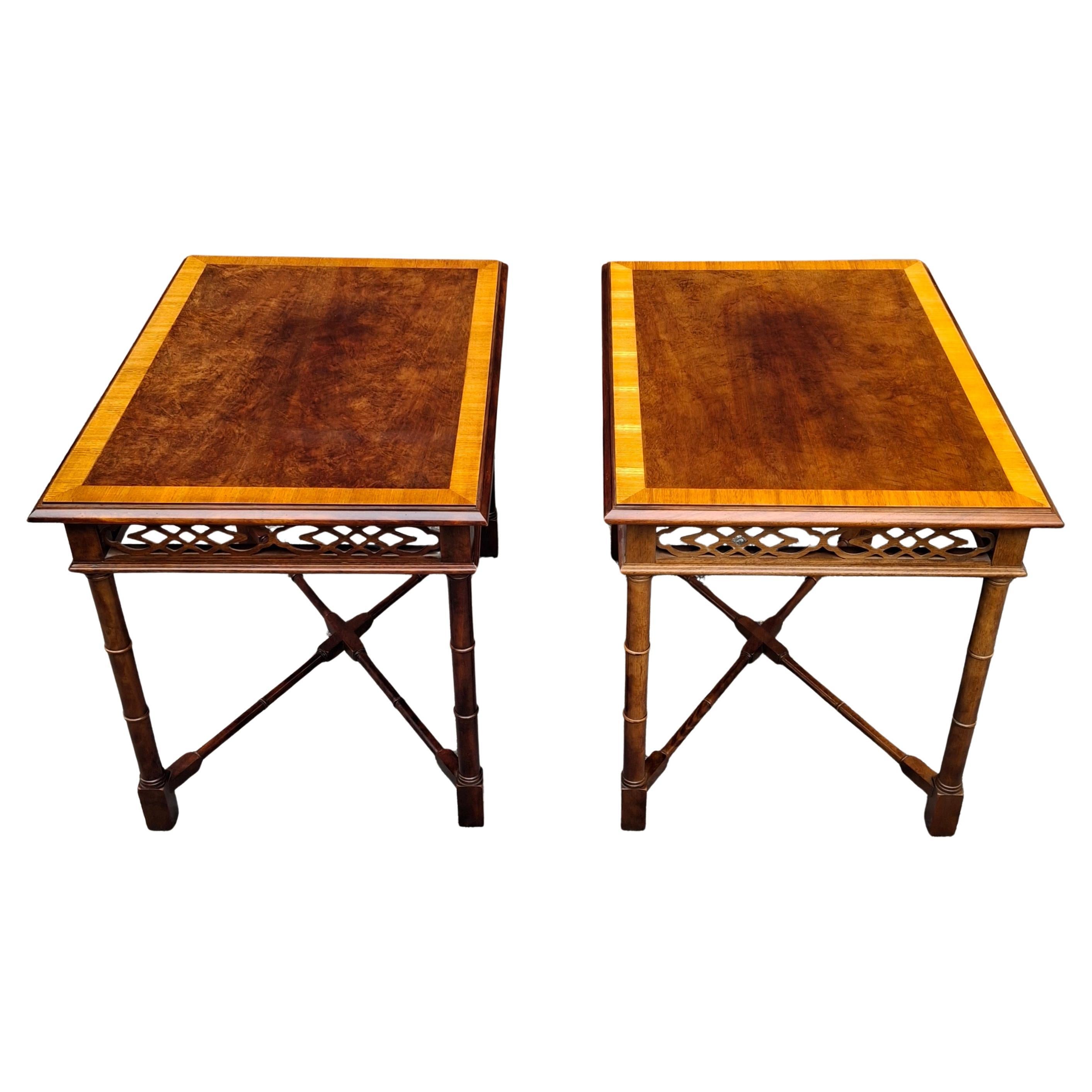 Pair of Thomasville Chinese Chippendale Style Mahogany Faux Bamboo  Side Tables with Pierced fretwork.
Measures 21