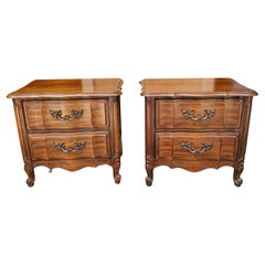 Pair Thomasville Provincial Style Fruitwood Bedside Chests with Glass Tops