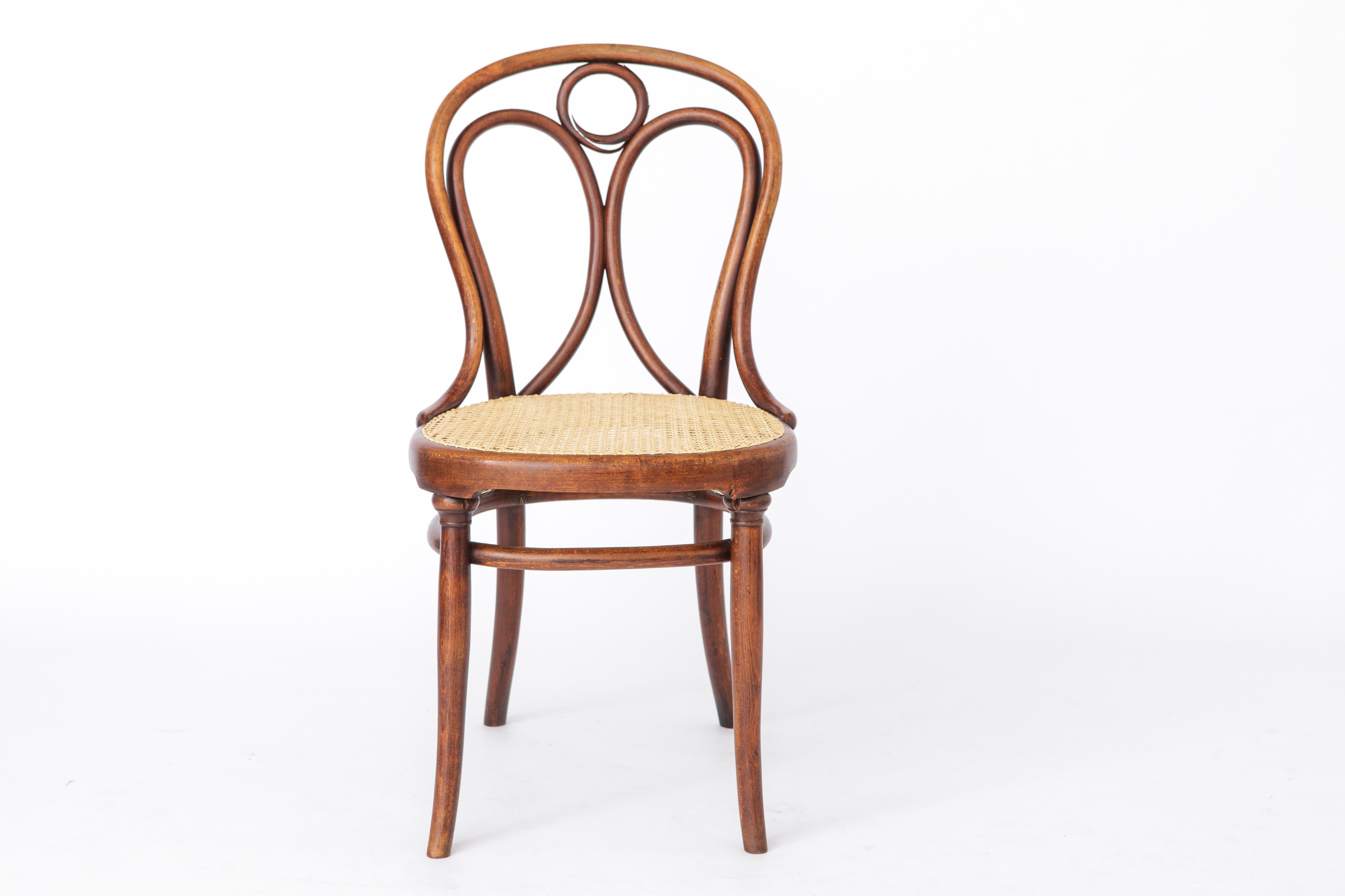 Pair of ancient Thonet chairs from the end of 19th Century. 
Model no. 18 and 19. Design from 1880s. 
Displayed price is for both chairs

Sturdy chair frames. Dyed beech bentwood. 
Stable stand. No wobbling connections. 
Renewed Viennese handwoven