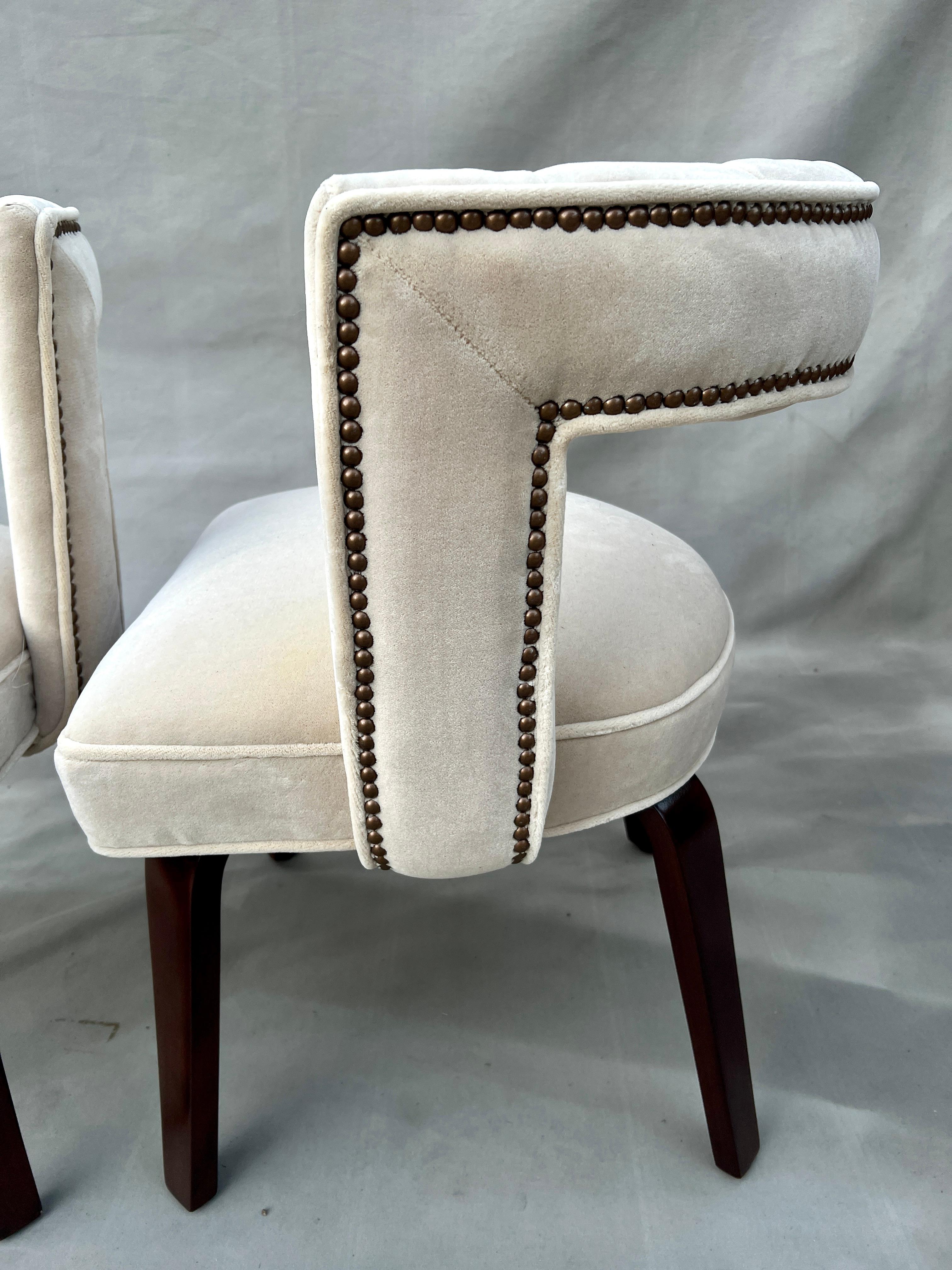 Mohair Pair Thonet Side Chairs Scalloped and Ribbed Open Back and Bronze Nail Heads For Sale