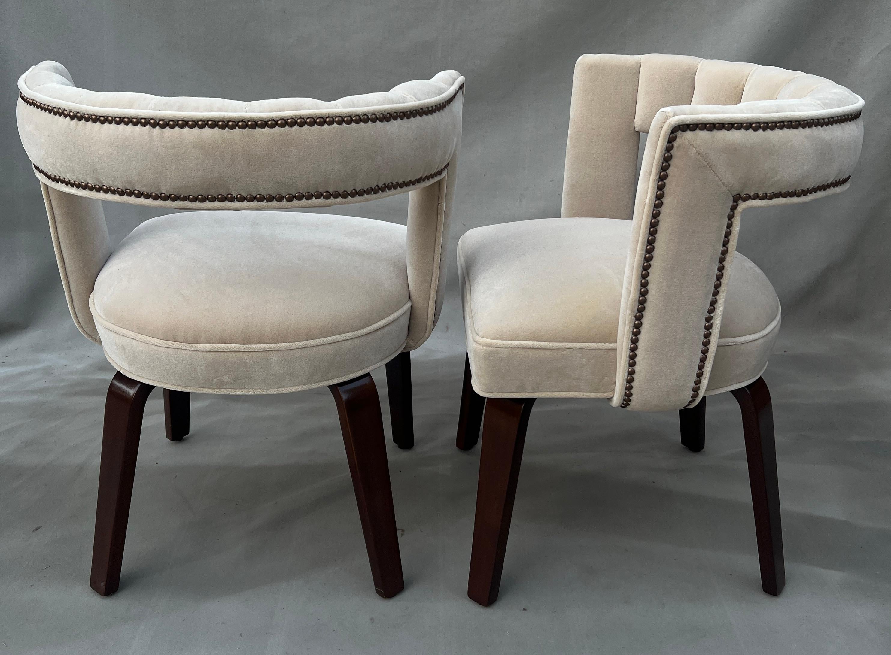 Pair Thonet Side Chairs Scalloped and Ribbed Open Back and Bronze Nail Heads For Sale 2