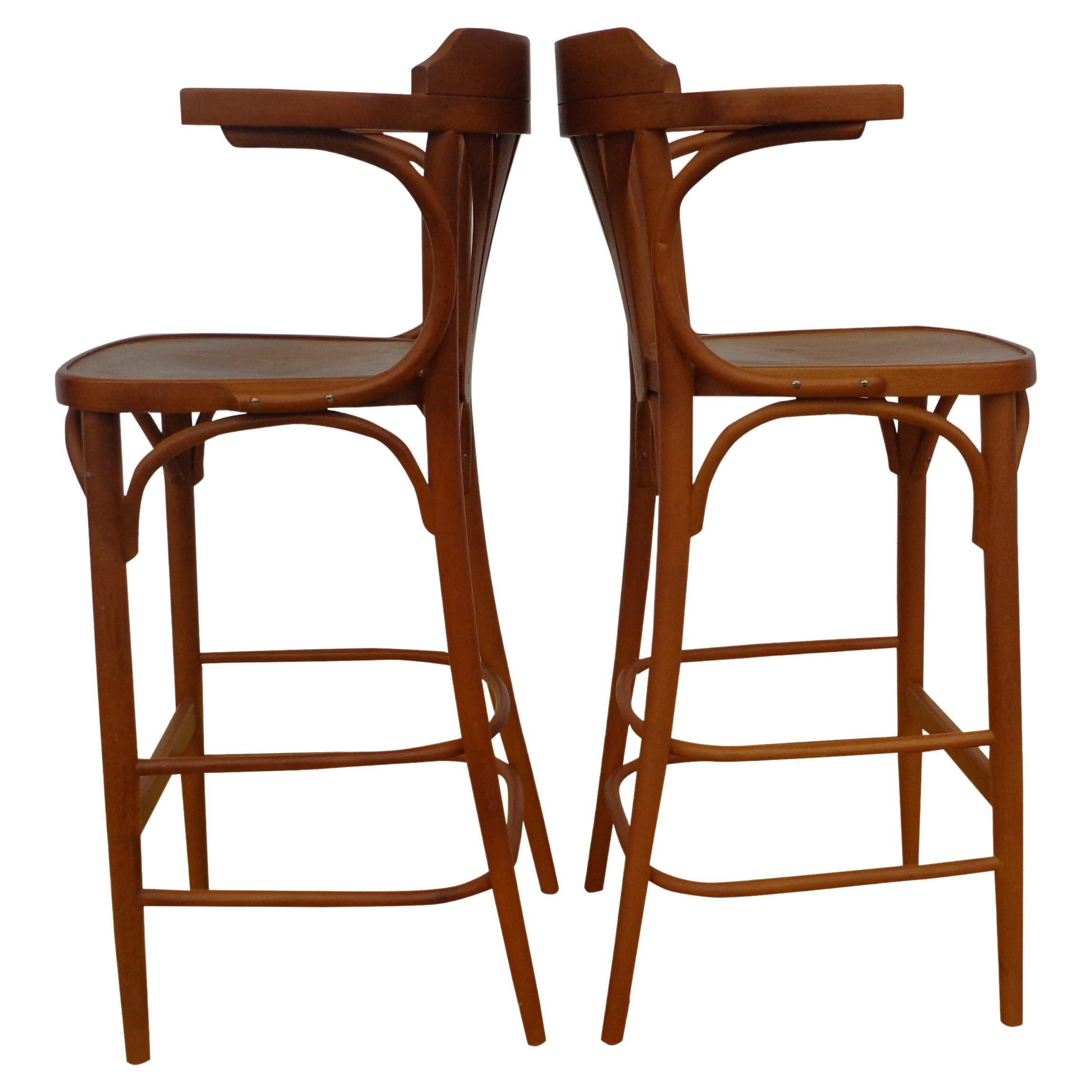 Pair Thonet Style Bar Stools Made in Czechoslovakia For Sale