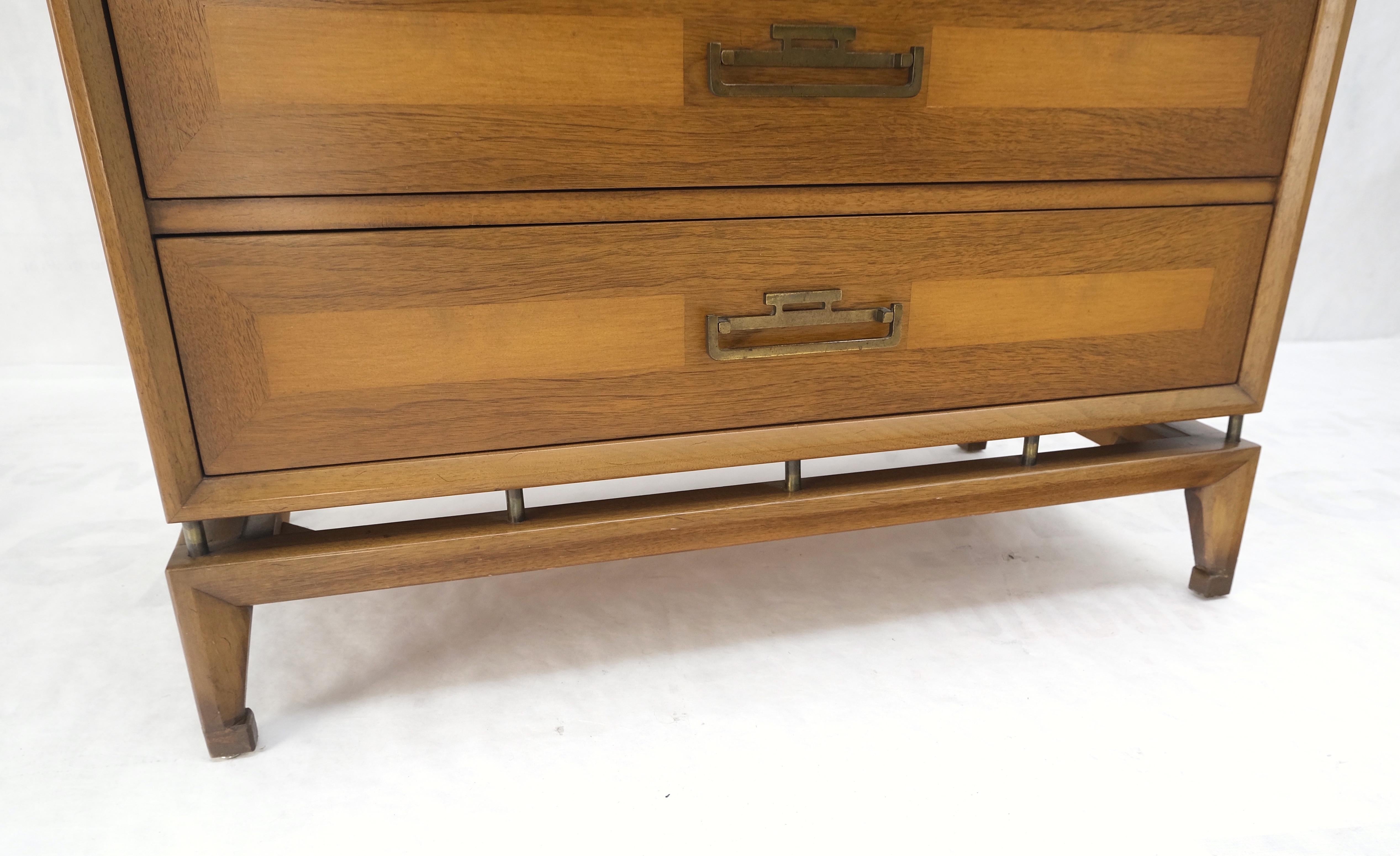 Pair Three Drawers Light Walnut Banded Drawers Drop Pulls Bachelor Chests MINT! For Sale 7