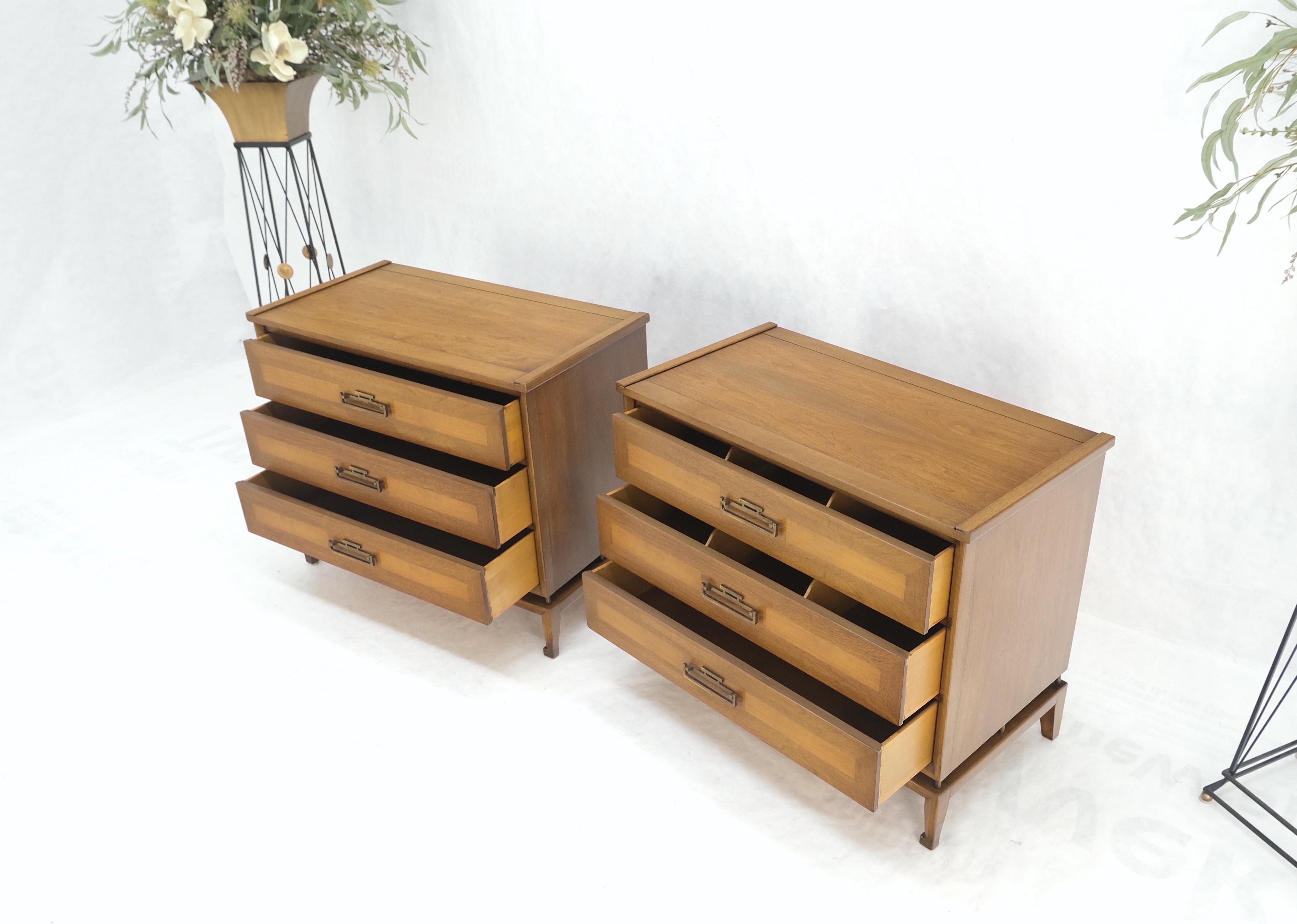 20th Century Pair Three Drawers Light Walnut Banded Drawers Drop Pulls Bachelor Chests MINT! For Sale
