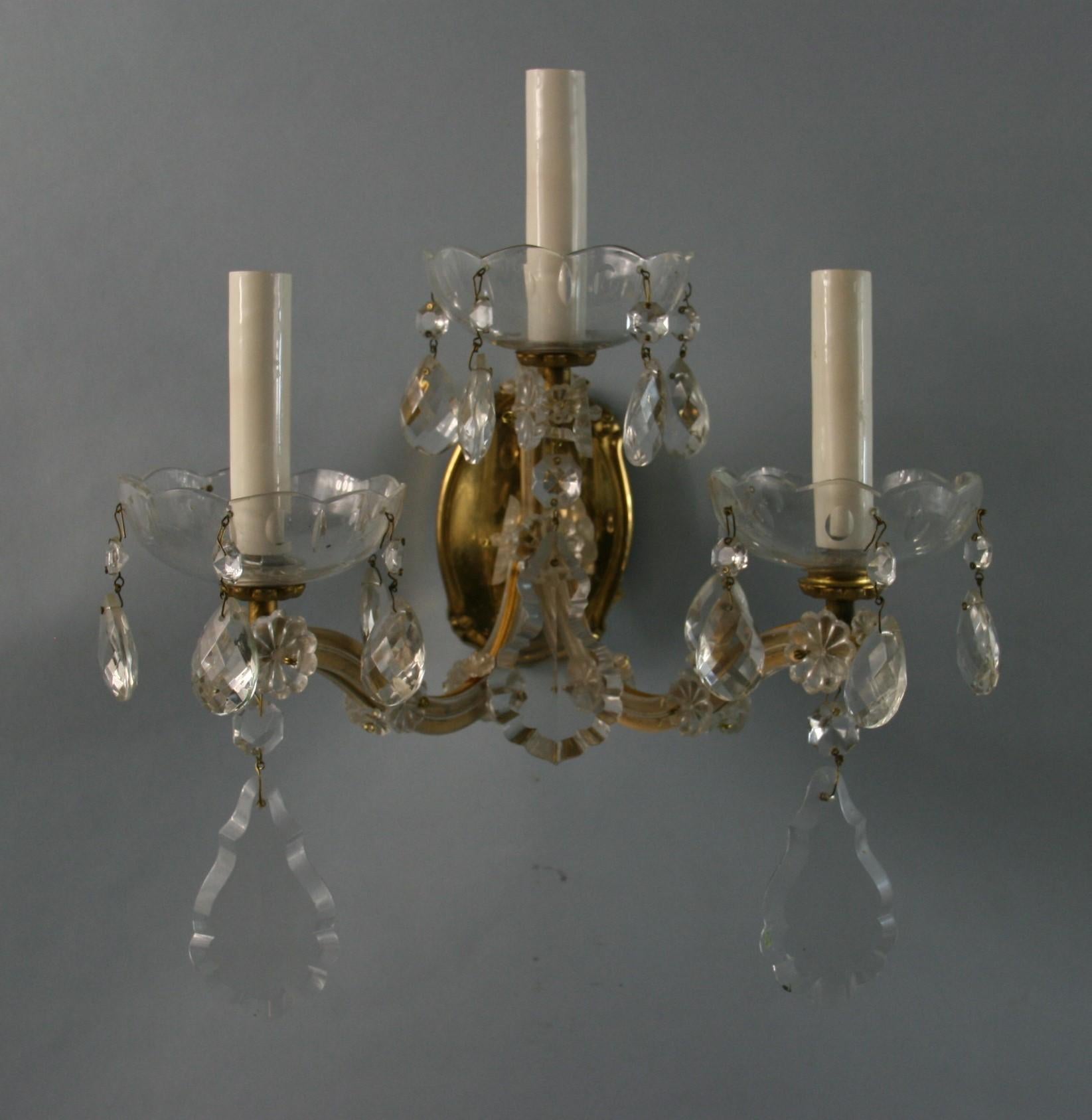 Pair Three Light Maria Theresa Crystal and Brass Sconces For Sale 6