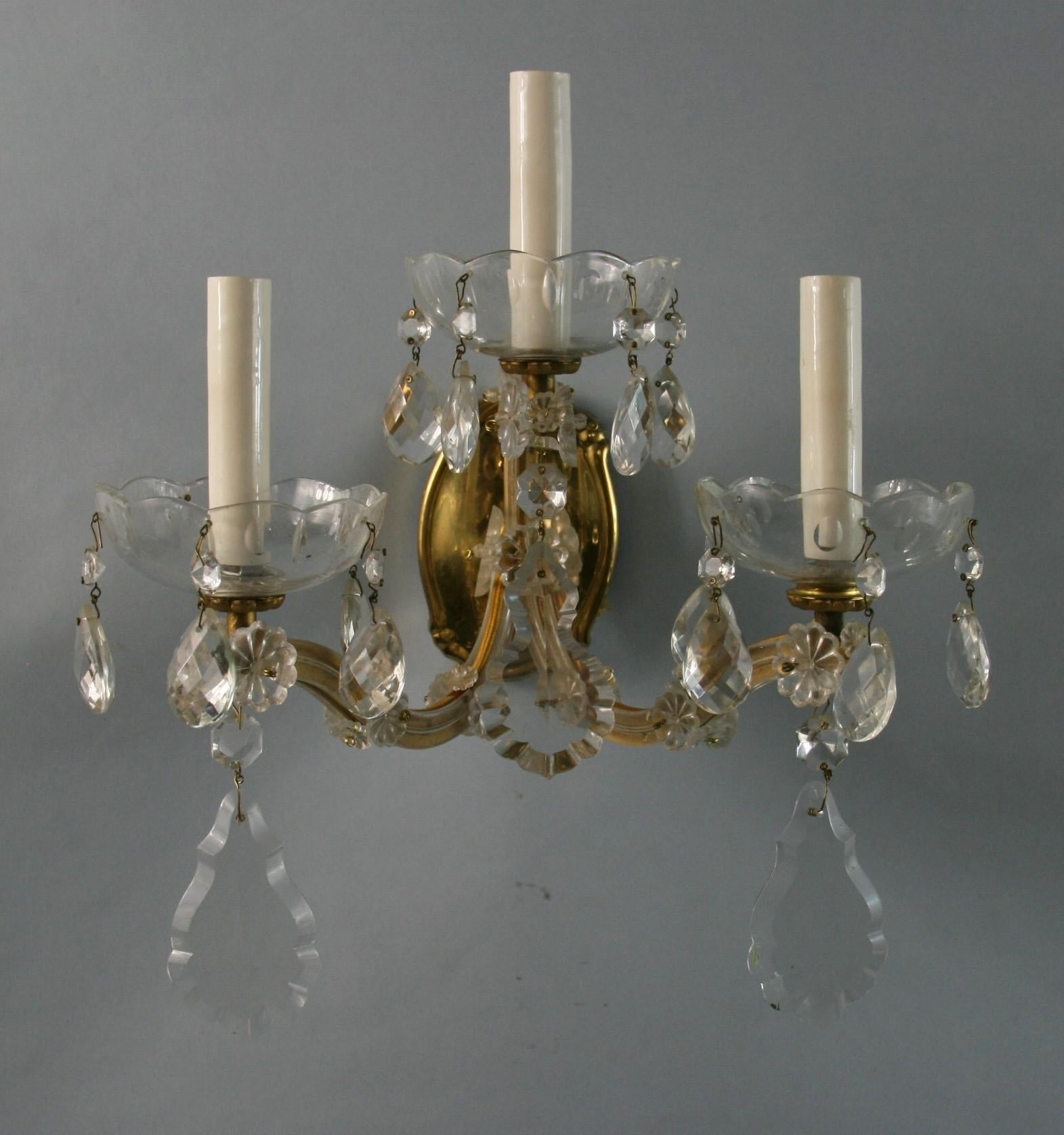 Pair Three Light Maria Theresa Crystal and Brass Sconces For Sale 7