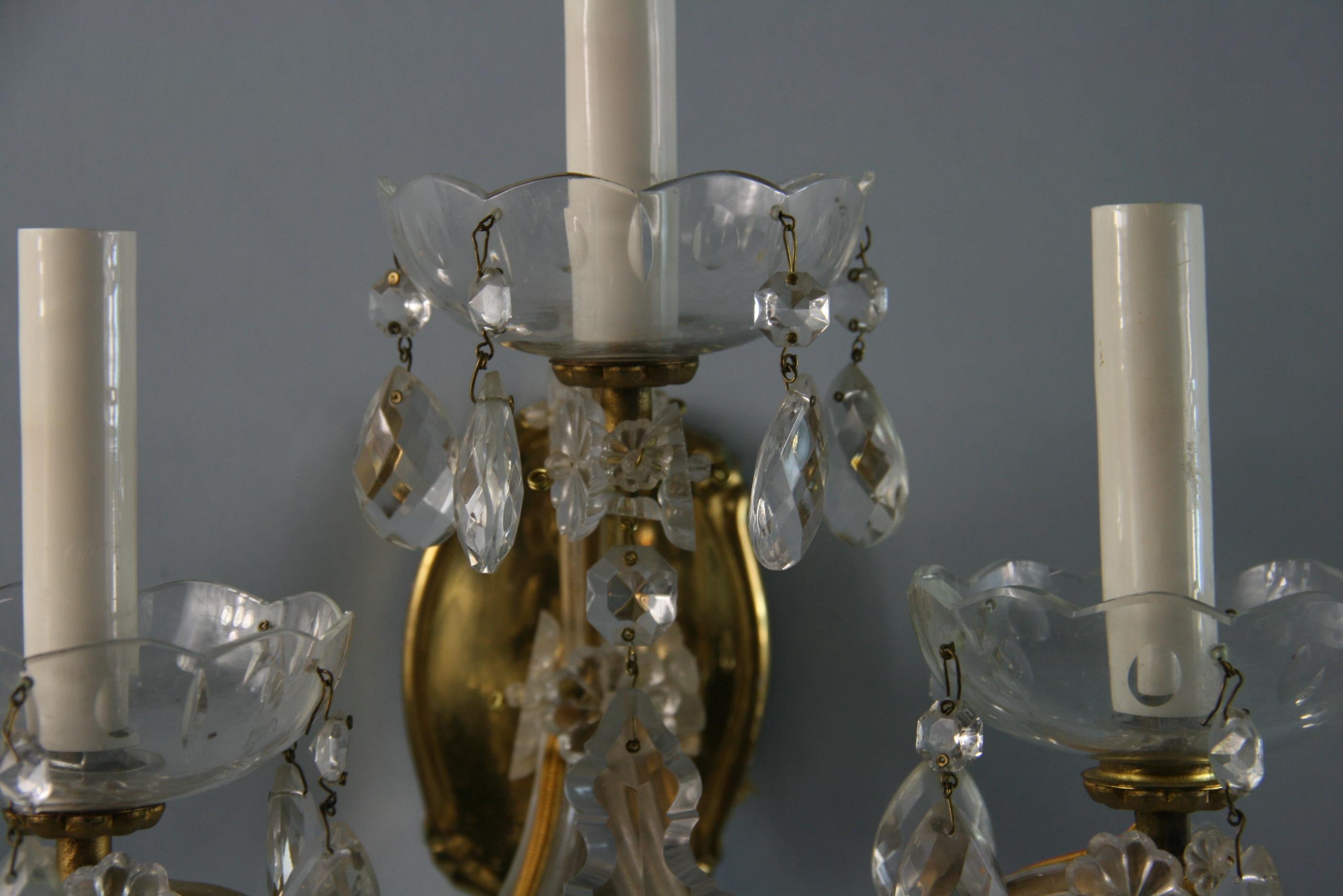 Pair Three Light Maria Theresa Crystal and Brass Sconces For Sale 8