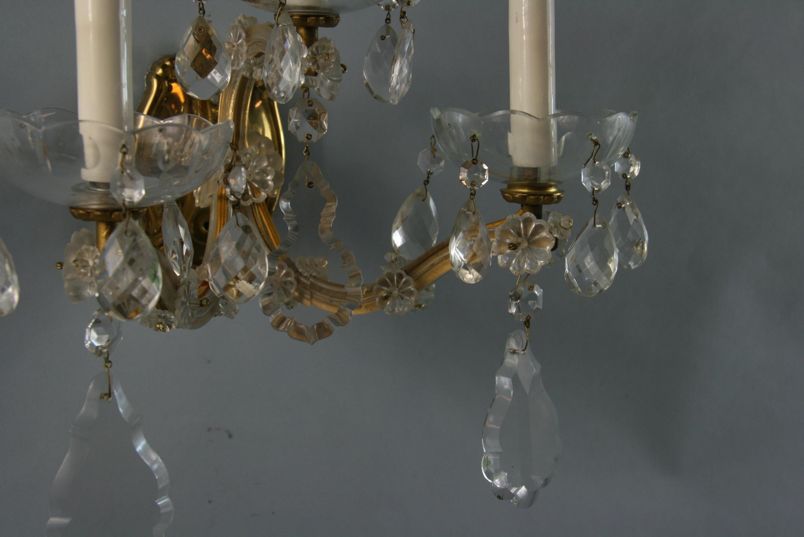 Pair Three Light Maria Theresa Crystal and Brass Sconces For Sale 9